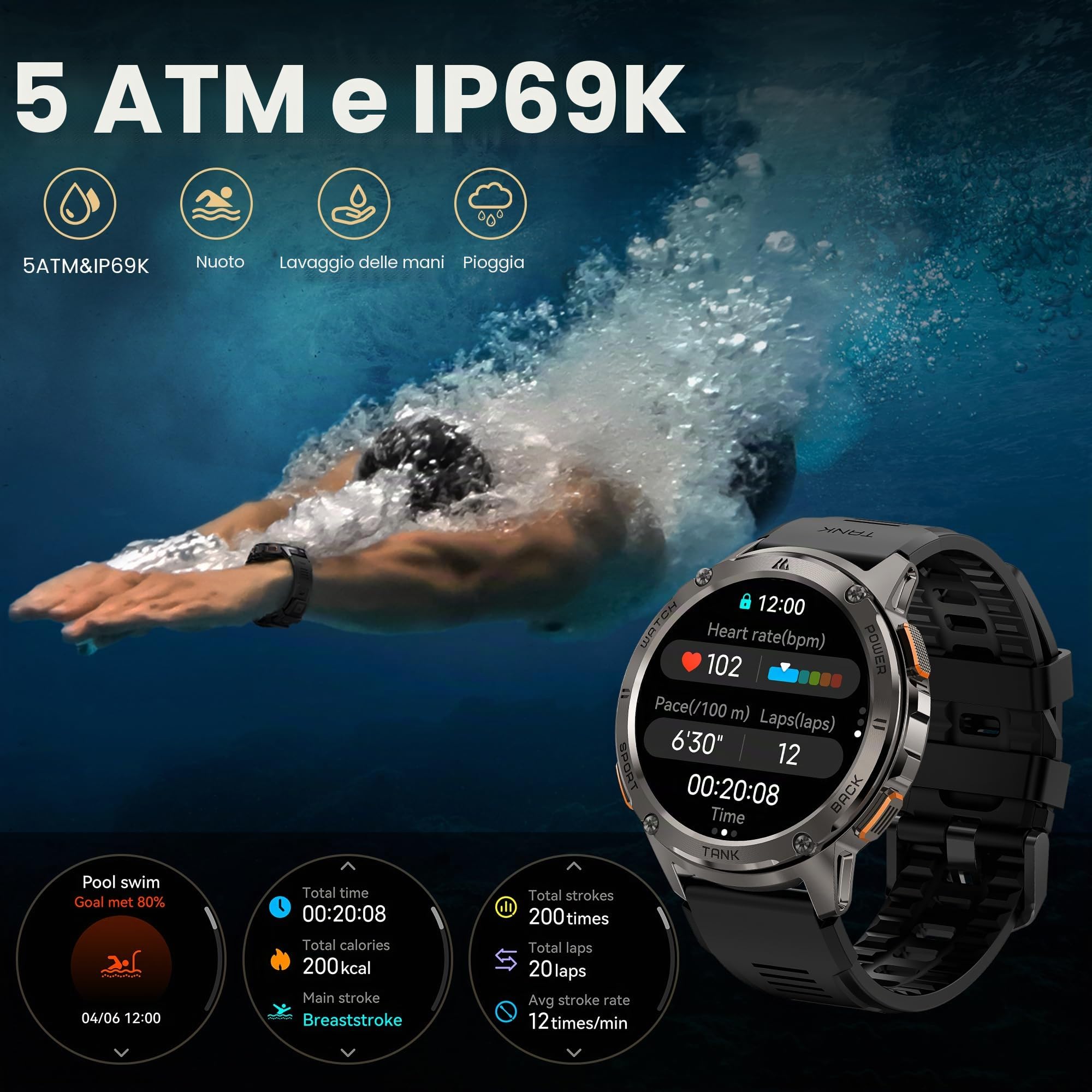 KOSPET TANK T3 Smartwatch，Impermeabile 5ATM & IP69K, Batteria Extra Large | Corpo in Acciaio Completo, Monitoraggio Frequenza Cardiaca e SpO2, 170+Modalità Sportiva, Compatibile Android & iPhone Nero