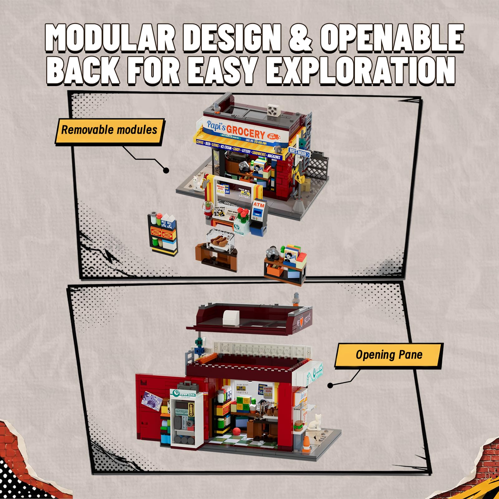 Lumibricks The Bodega zestaw do budowy z oświetleniem LED, 618 elementów, model kiosku nowojorskiego i sklepu spożywczego dla dorosłych, modułowy budynek na rogach ulic, model kolekcjonerski i prezent