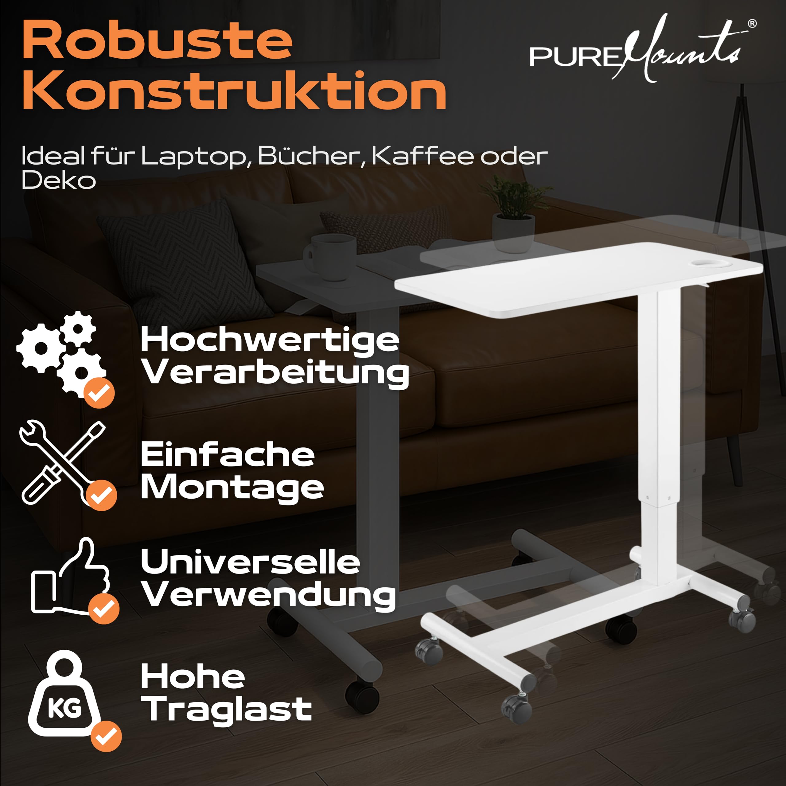 PureMounts® höhenverstellbarer Beistell-Tisch mit Gasdruckfeder, intergierter Getränkehalter, höhenverstellbarer Laptop-Tisch, 71-106 cm, weiß