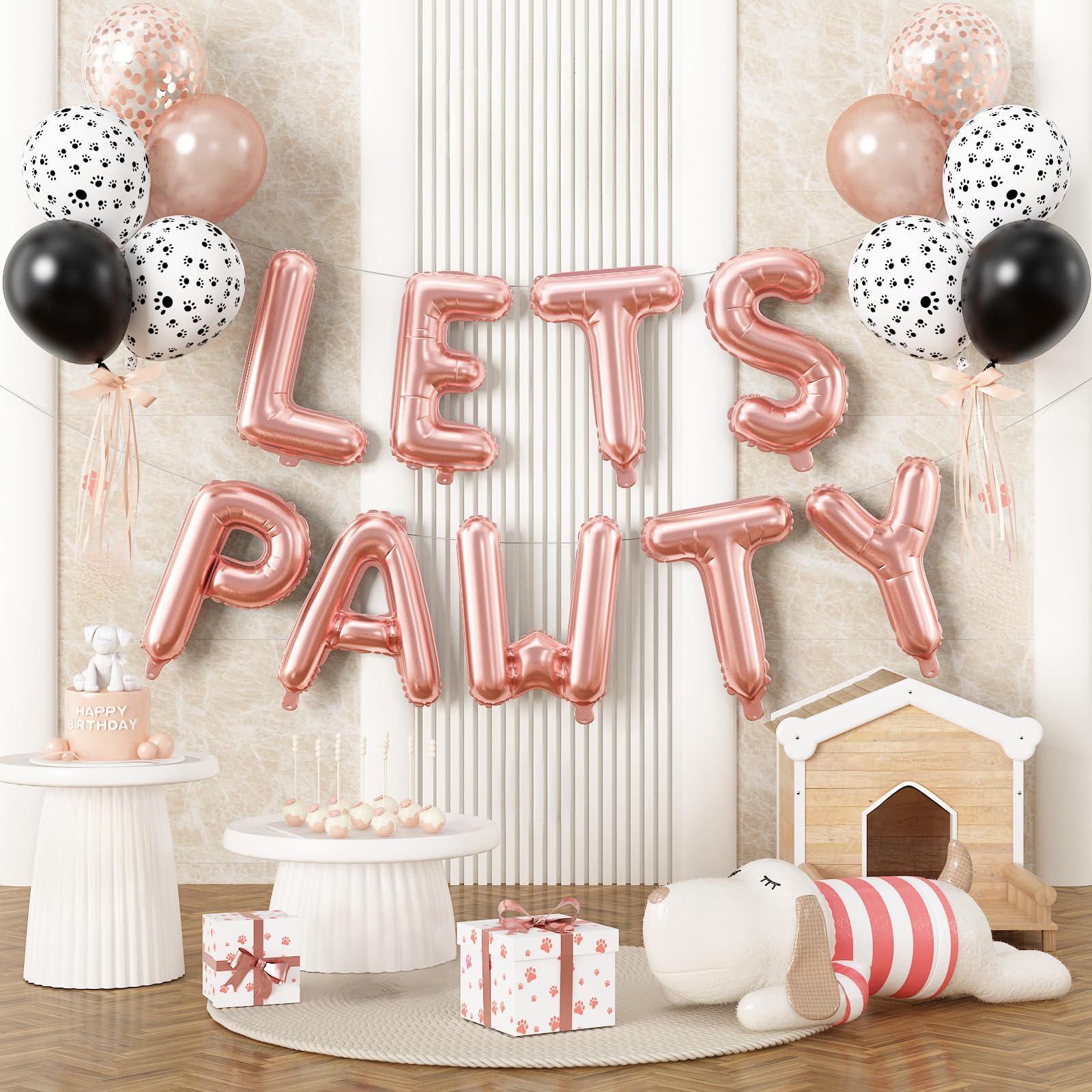 Paready Lets Pawty Dog Balloons Set, 19 Pcs 16 Inch Rose Gold Lets Pawty Foil Balloons Banner, Rose Gold Confetti Black Balloon Print Balloon for Pet