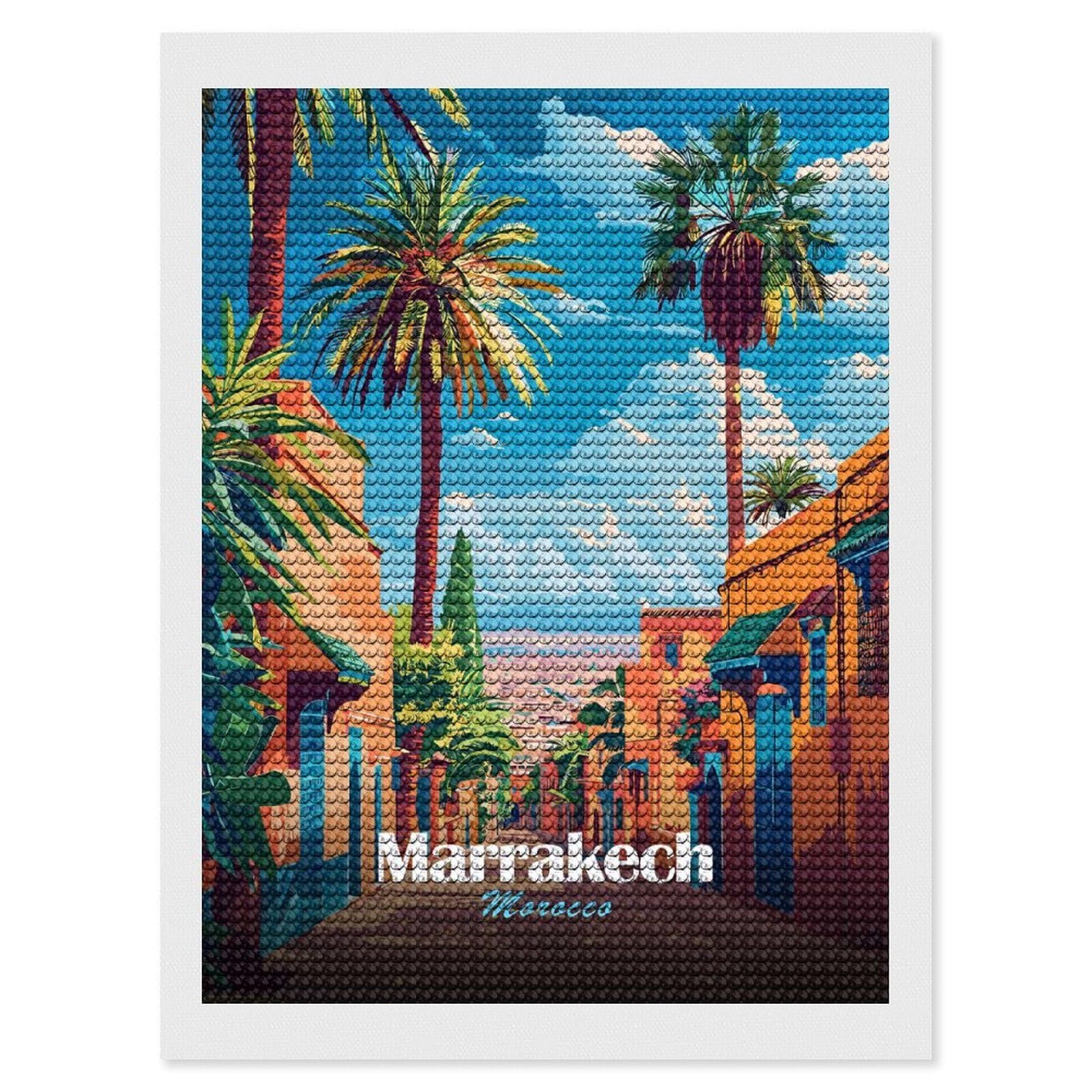 Junmoney Marrakech, Morocco Travel (2) Diamond Art Kit 12"x16", Vintage Style Decor, Stress Relief Craft, Decor Project, Relaxing DIY, Creative Hobby