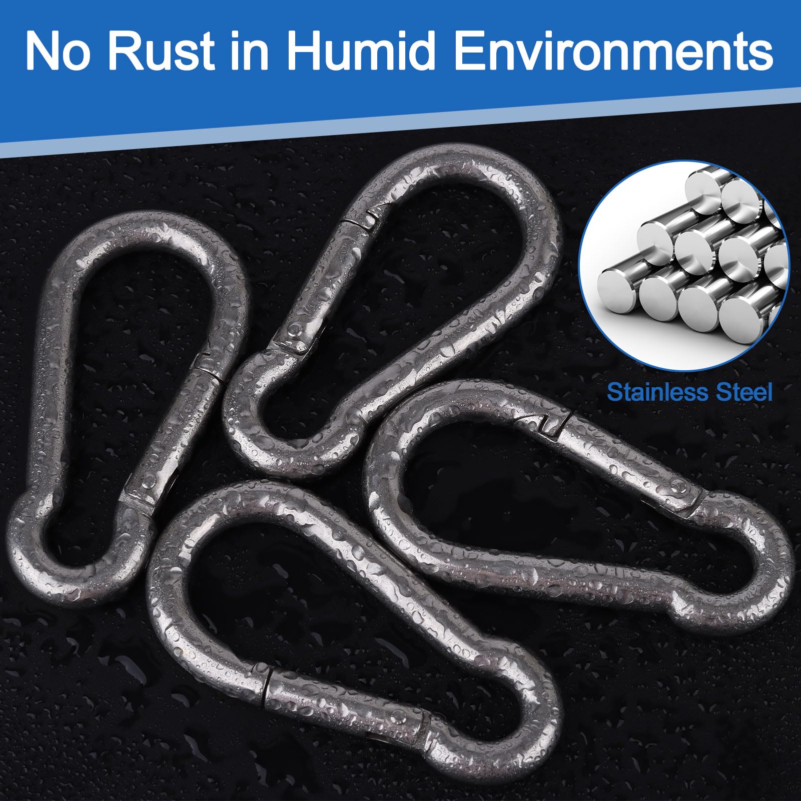 Pack de 4 Mosquetones M10 de Acero Inoxidable 100x10mm, Mosquetón de Alta Resistencia Carga Máx 270kg, Ganchos de Muelle para Columpios, Hamacas, Toldos, Gimnasio y Bricolaje