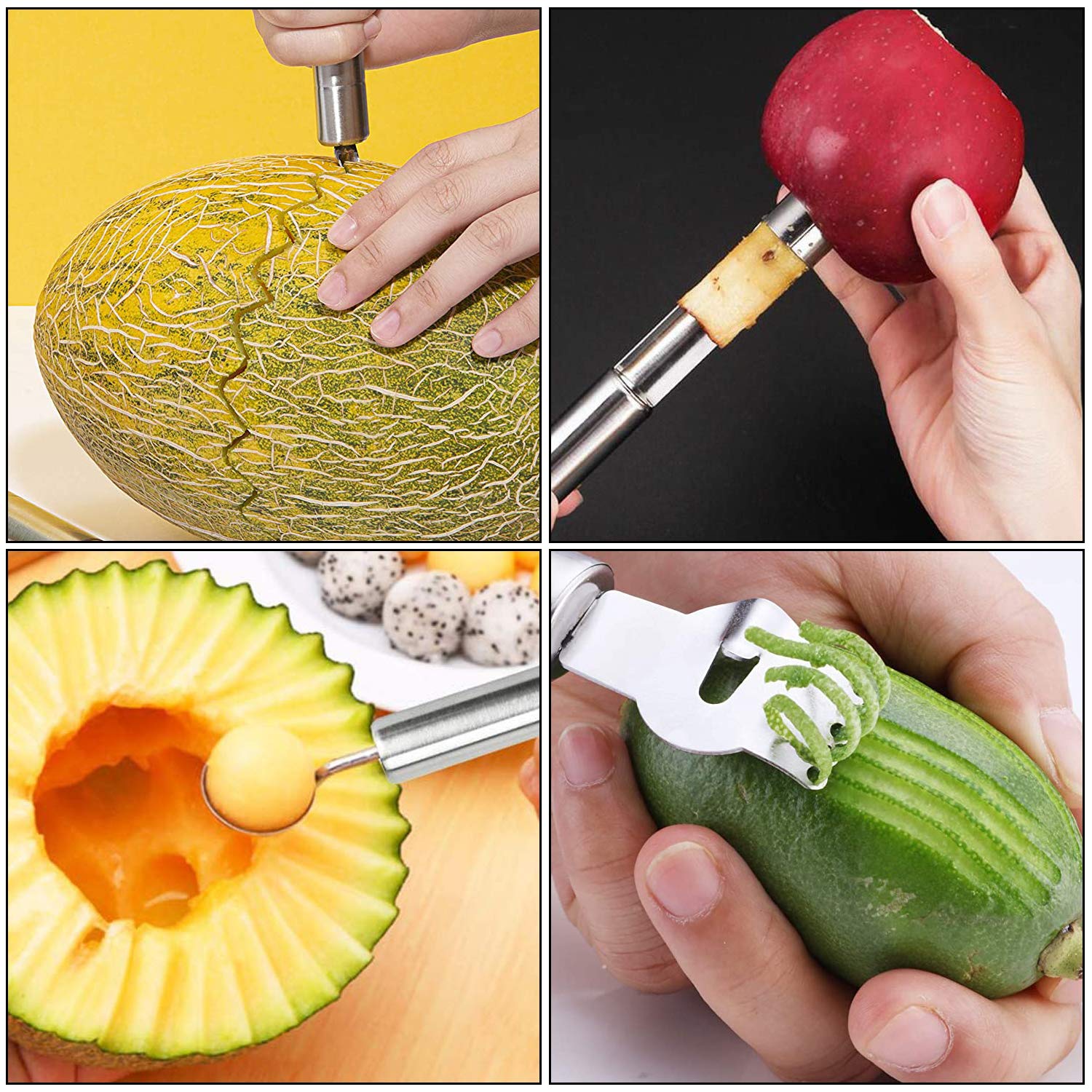 5 Pièces Outil à Découper les Fruits Éplucheur, Cuillère à Melon en Acier Inoxydable 4 en