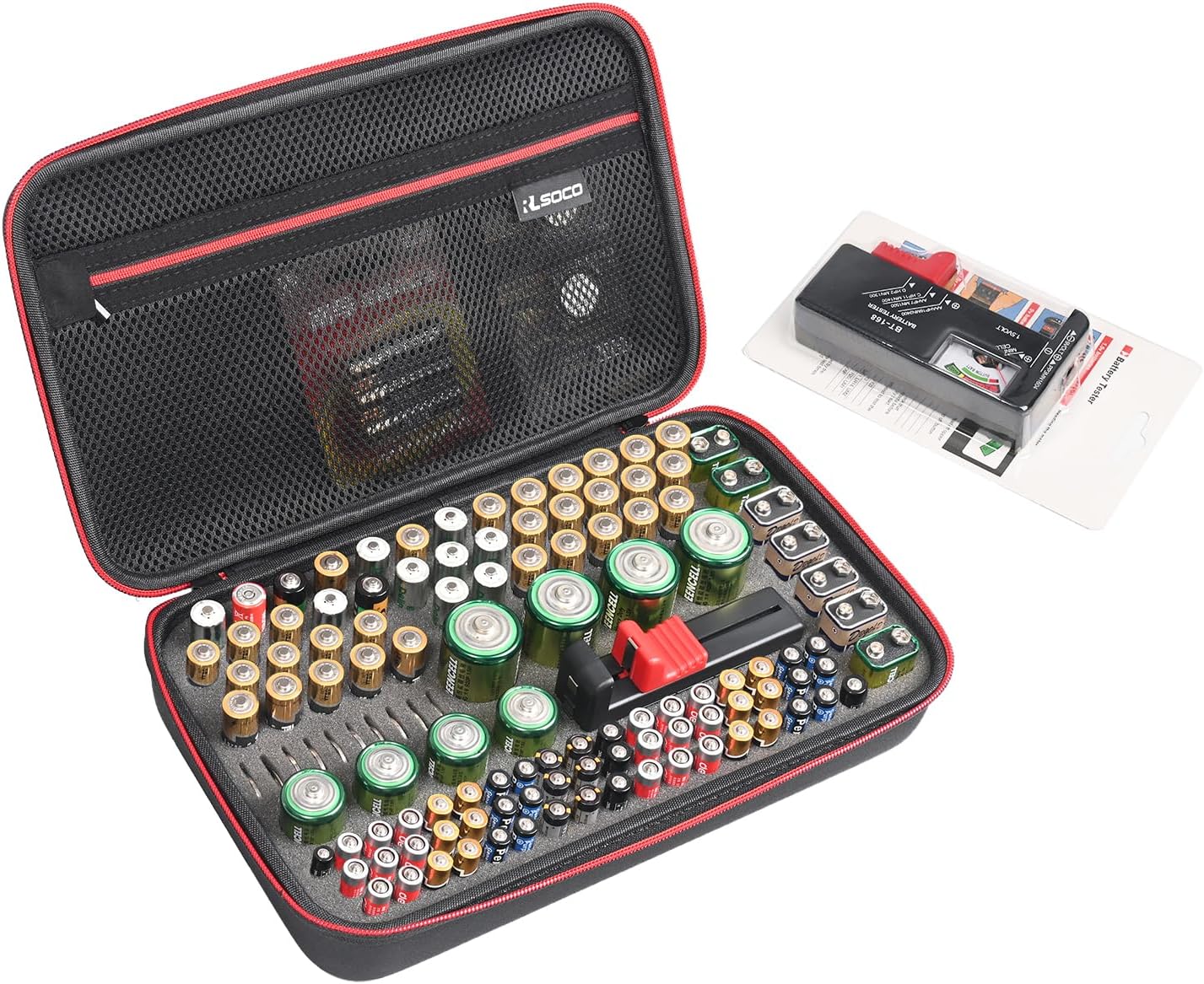 RLSOCO Battery Organizer Storage Case Holder Stores Up to 120+ Batteries: AA AAA C D 9V BT-168 and More | Compact Design with YKK Zipper (Note: Include a battery tester, Not include any batteries)