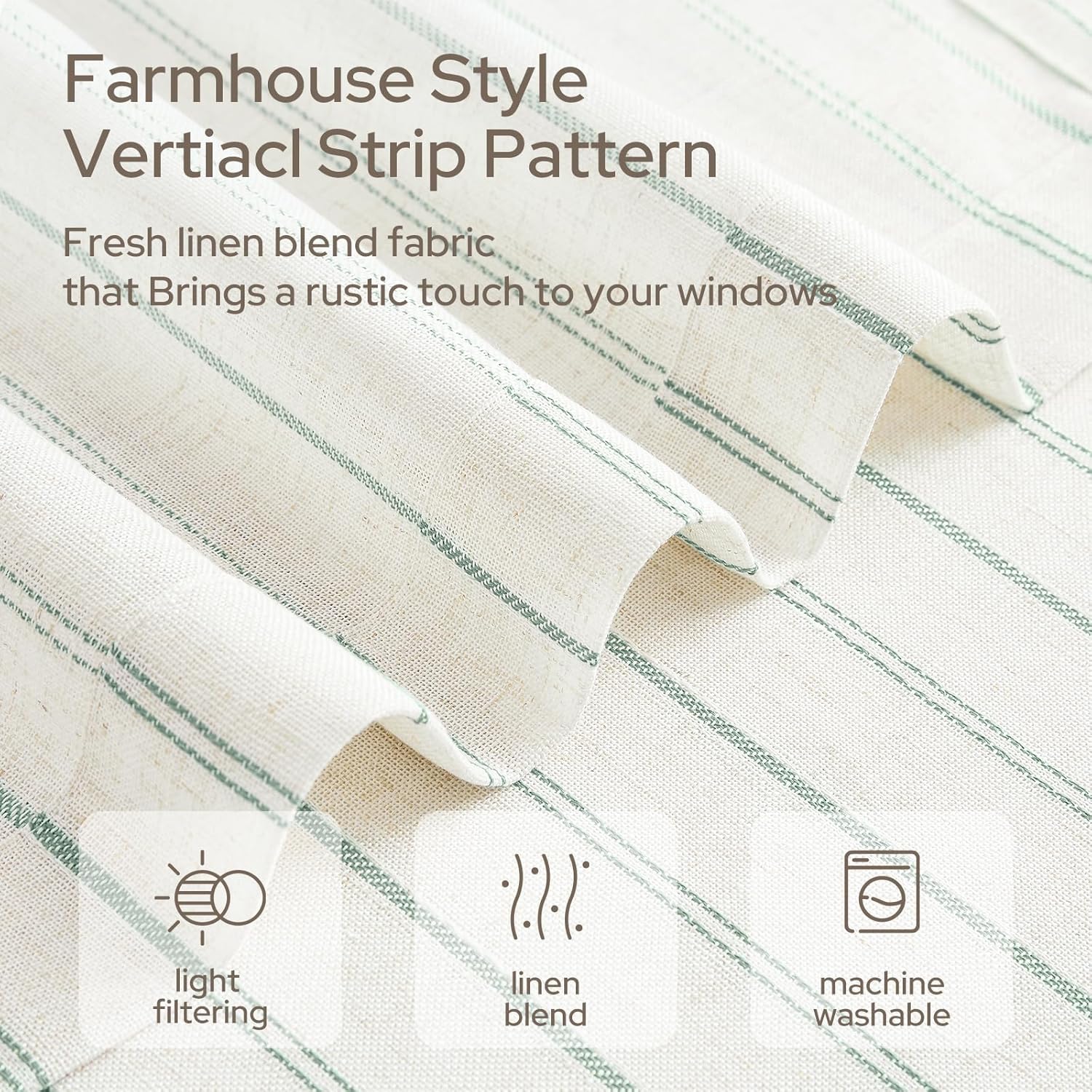 HOMEIDEAS Striped Linen Kitchen Curtains 36 inches, Boho Farmhouse Light Filtering Natural Tier Curtains Sets, Small Window Treatments for Bathroom Cafe RV 2 Panels, Green