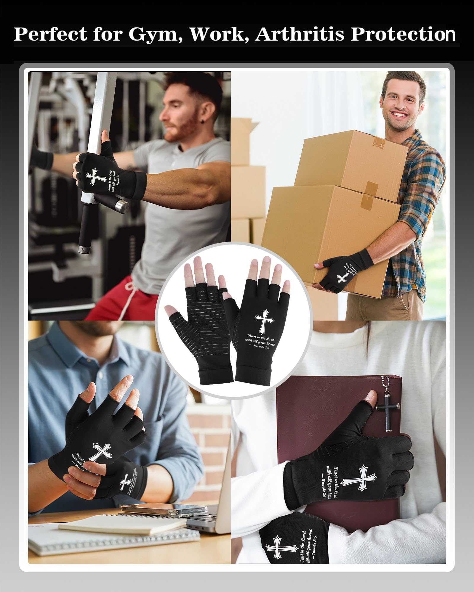 Guantes de compresión de cobre cruzado (2 pares) – Alivio de la artritis, entrenamiento y apoyo a escritura, regalo de bendición cristiana para esposa, marido, papá, mamá y amigos, Negro