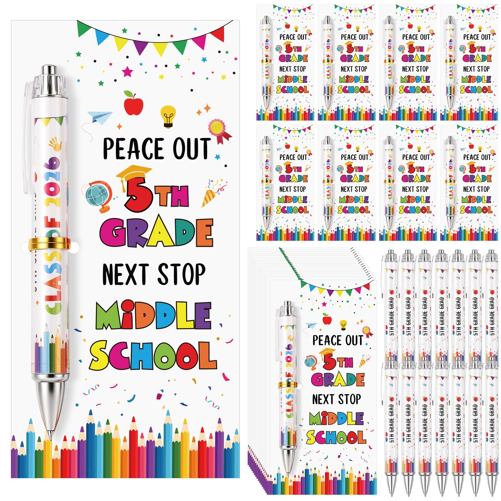 Sayglossy 24 Set 5th Grade Graduation Gifts Bulk Class of 2026 Ballpoint Pens with Inspirational Greeting Cards Fifth Grade Graduation Party Favors for Students (White)