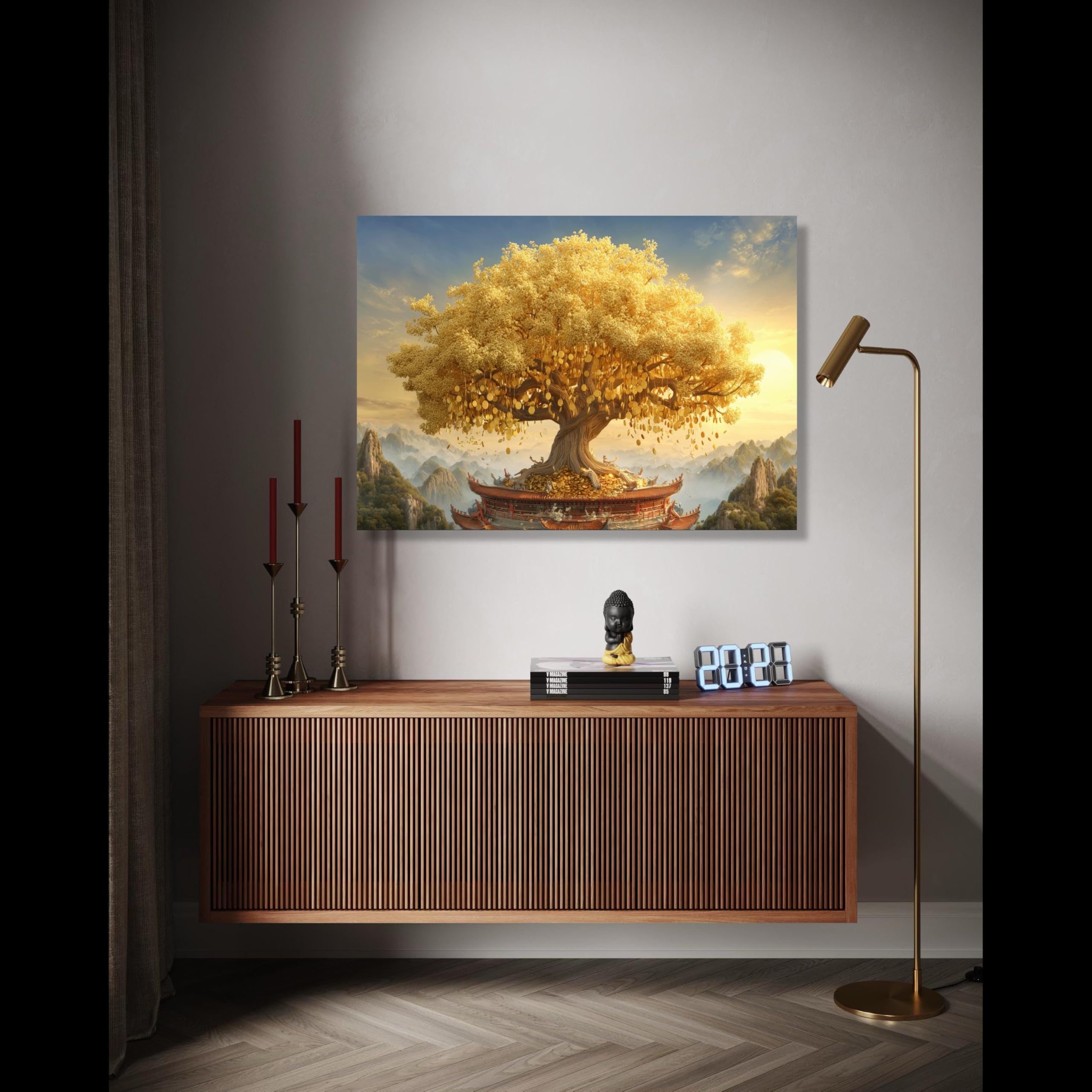 XBTYKPB Árbol del dinero dorado, lienzo decorativo Feng Shui, decoración de pared para la prosperidad, pintura símbolo de riqueza, estilo asiático, decoración del hogar, impresión (50x75cm/sin marco)