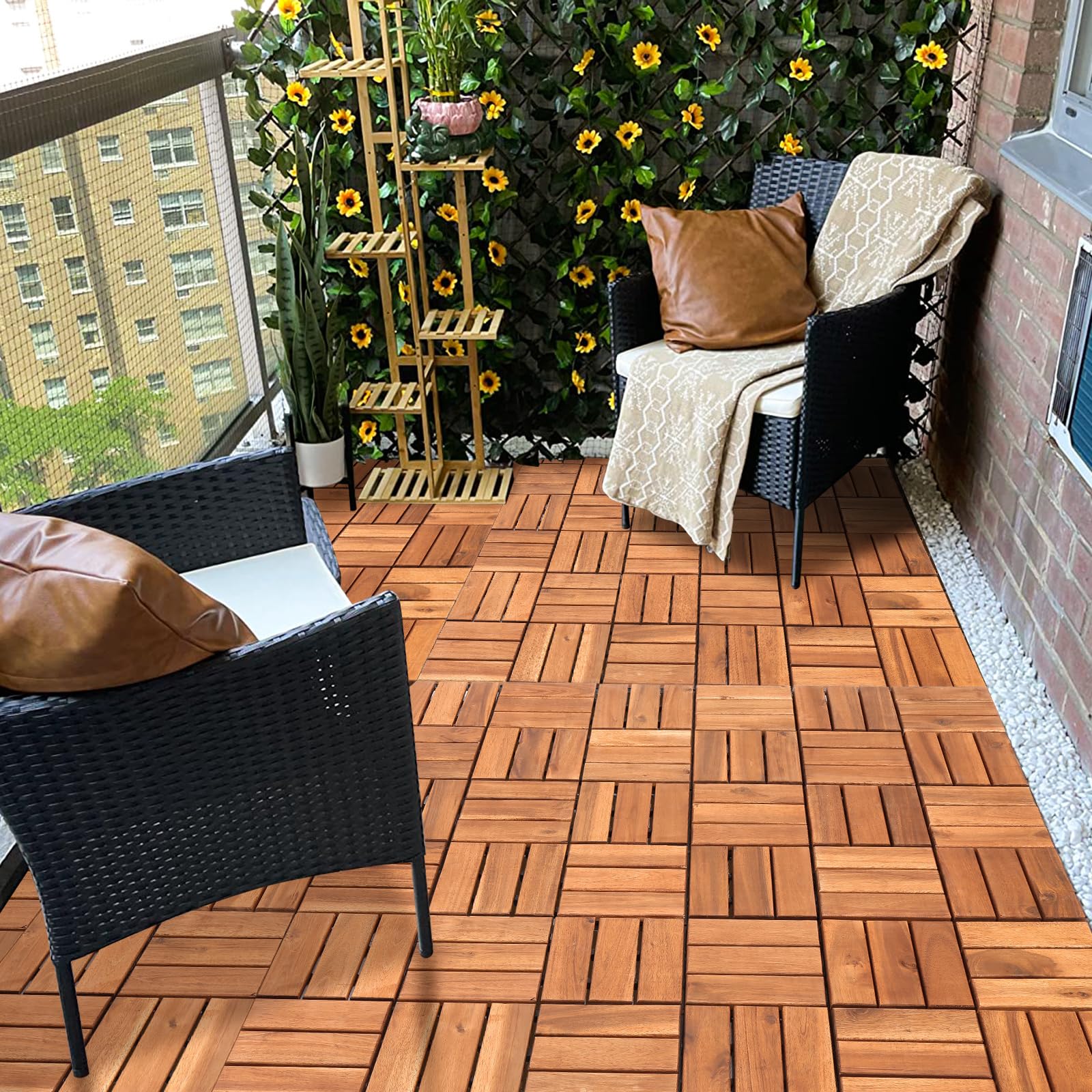 Piastrelle in legno per terrazze, 110 piastrelle per 10 m², 30 x 30 cm, piastrelle per balconi resistenti agli agenti atmosferici con sistema di drenaggio, in legno di acacia con sistema di