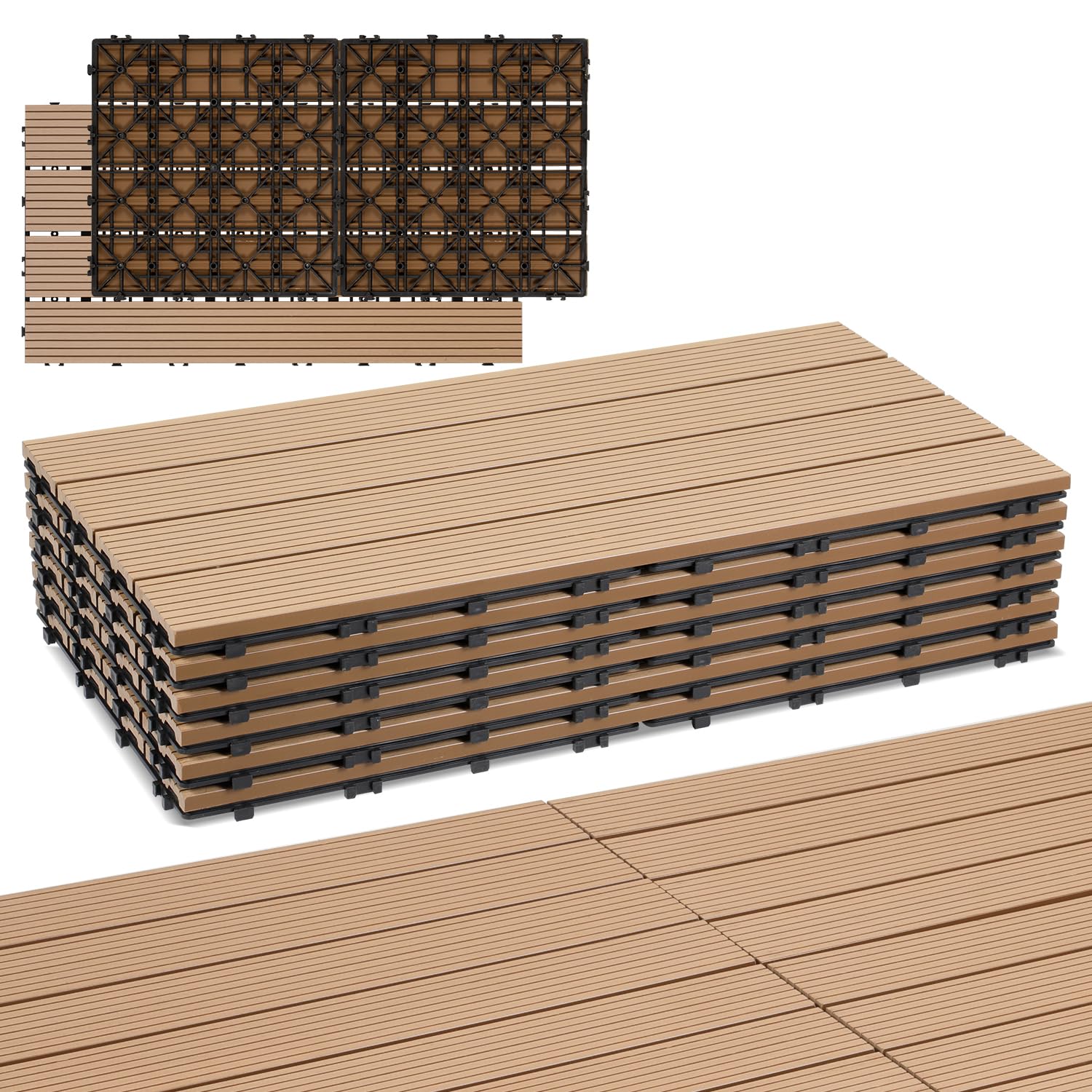 Randaco Lot de 12 dalles de balcon en WPC - 30 x 60 cm - Aspect bois - Pour 2 m² - Résistant aux intempéries - Avec fonction de drainage - Antidérapant - Facile à poser - Teck