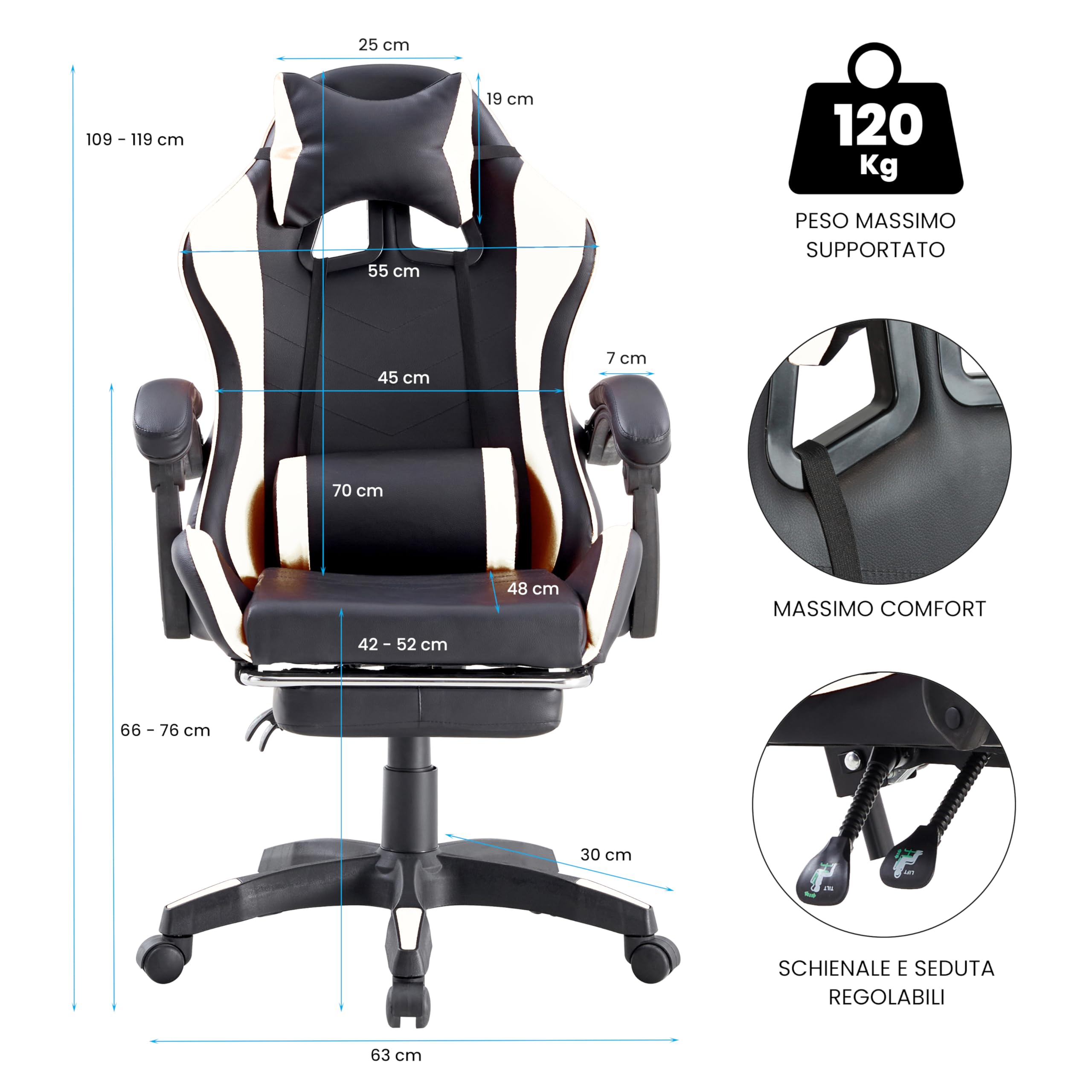 Brigros - Chaise de Gaming Racing Ergonomique inclinable avec accoudoirs, Fauteuil de Bureau pivotant avec roulettes, Repose-Pieds, appuie-tête et Coussin Lombaire en Simili Cuir, portée : 125 kg