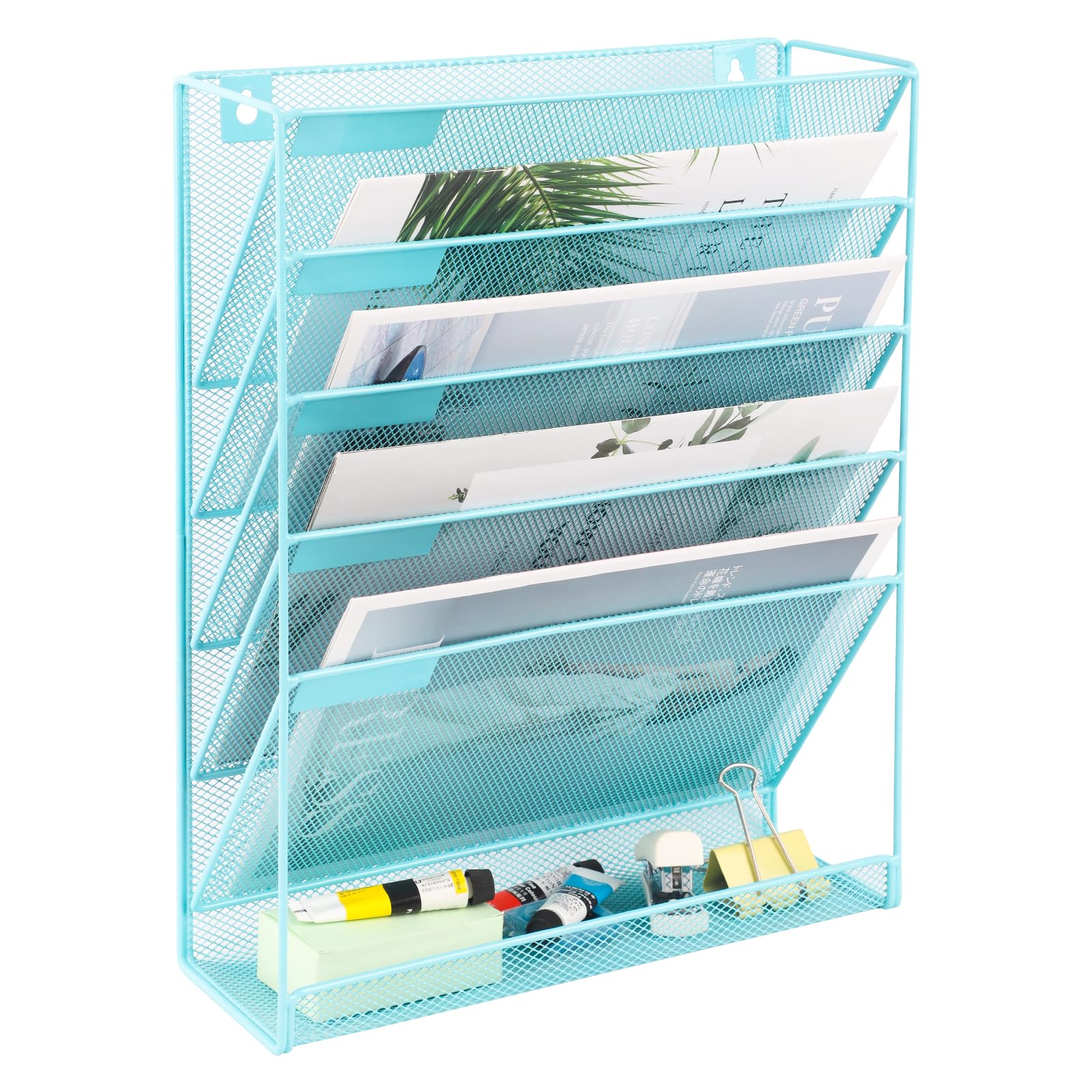 EASEPRES Desk File Organizer Mesh 6-Tier, Hanging Wall Mount Document Organization Stand, Desktop Vertical Mail Paper Folder Holder Rack with Bottom