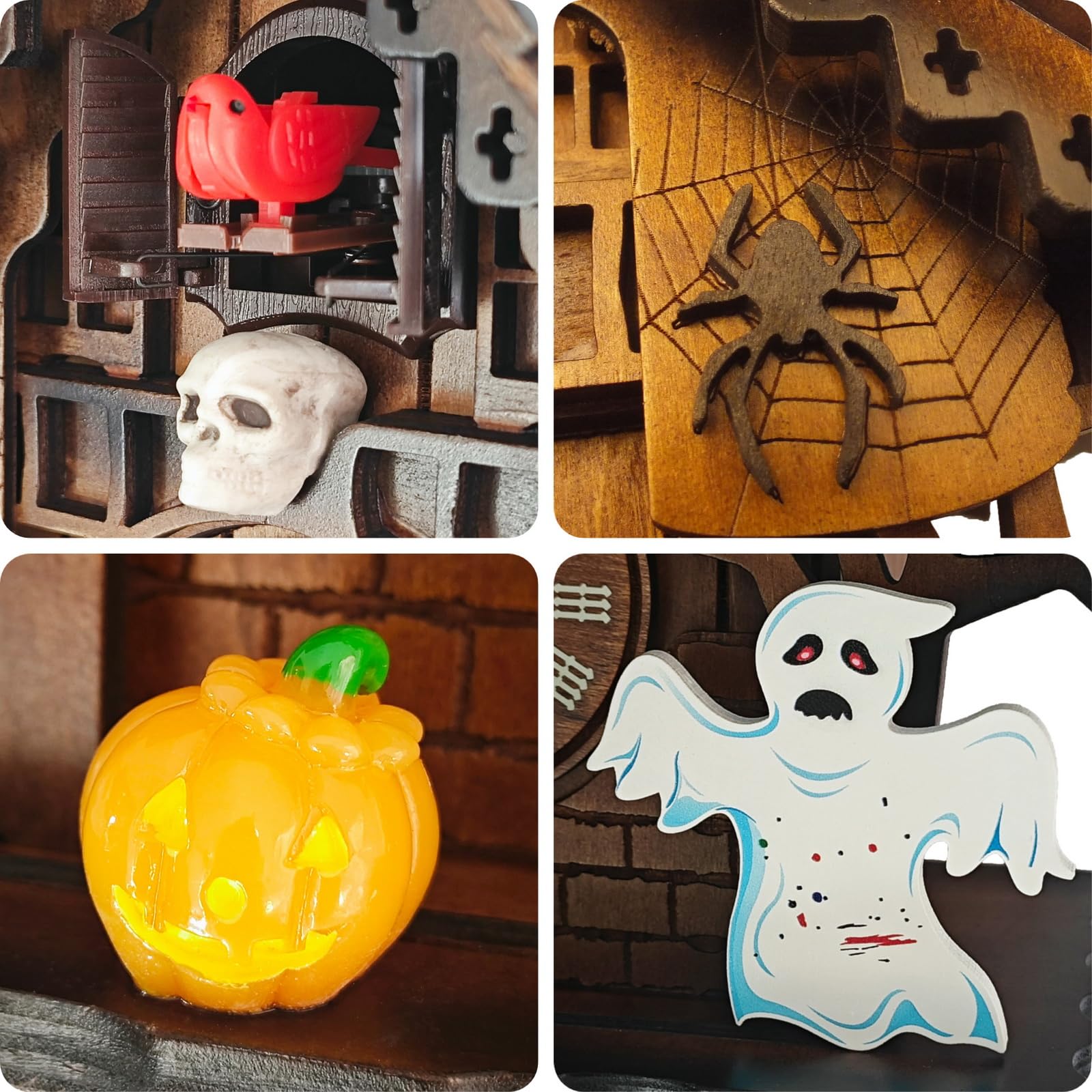 Zegar z kukułką do sztuki ściennej: dekoracje na Halloween, regulacja głośności, tryb nocny, styl niemiecki czarny las retro tradycyjny ręcznie robiony drewniany dom wystrój domu, prezenty dla rodziny