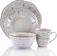 Vista 2 de Elama Rustic Birch 16 Piece Embossed Scalloped Stoneware Round Dinnerware Set in White with Brown Accents