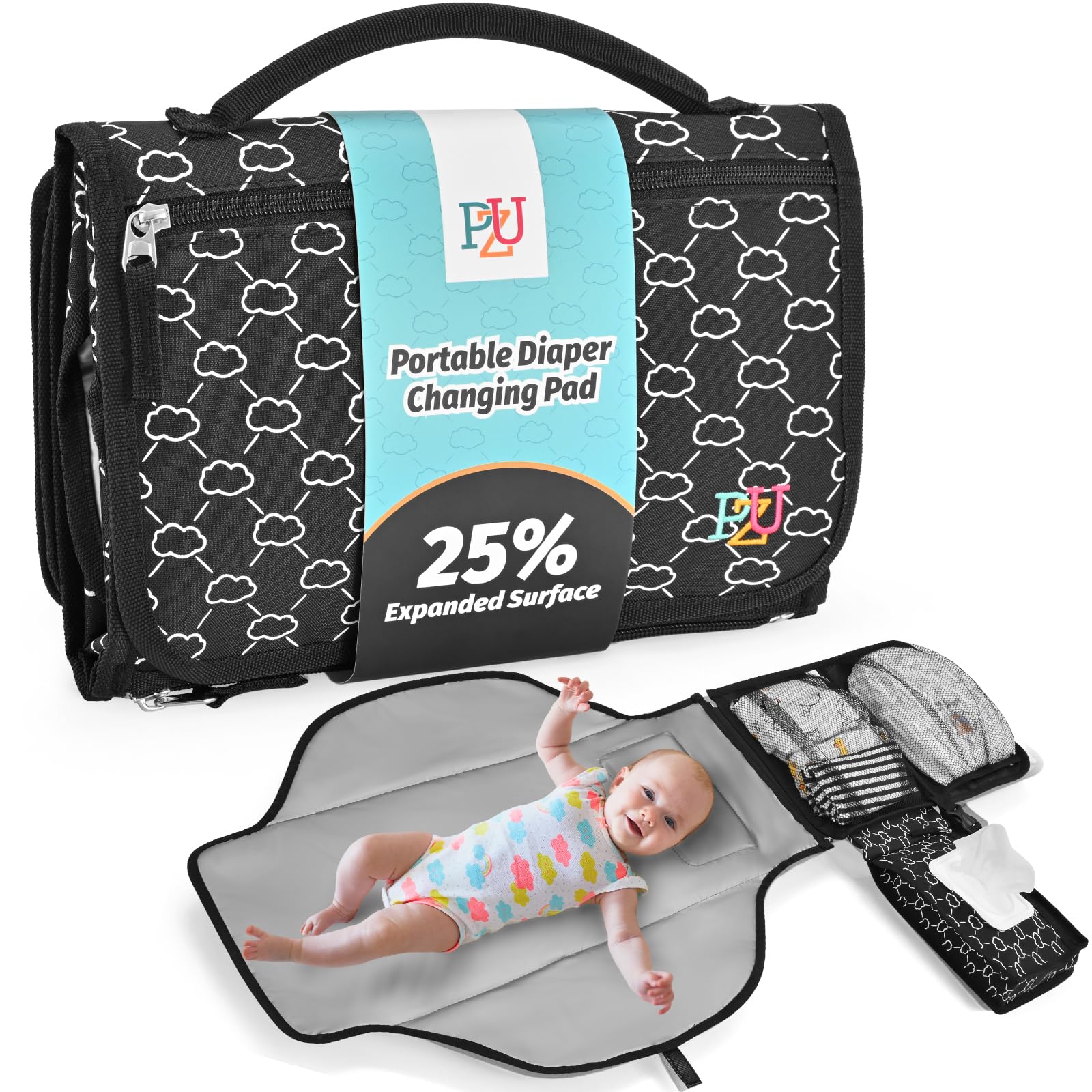Fasciatoio Portatile Neonato - Fasciatoio Neonato Portatile Staccabile con Borsa per Salviette e Morbido Poggiatesta, Impermeabile Tappetino Viaggio（Nero)