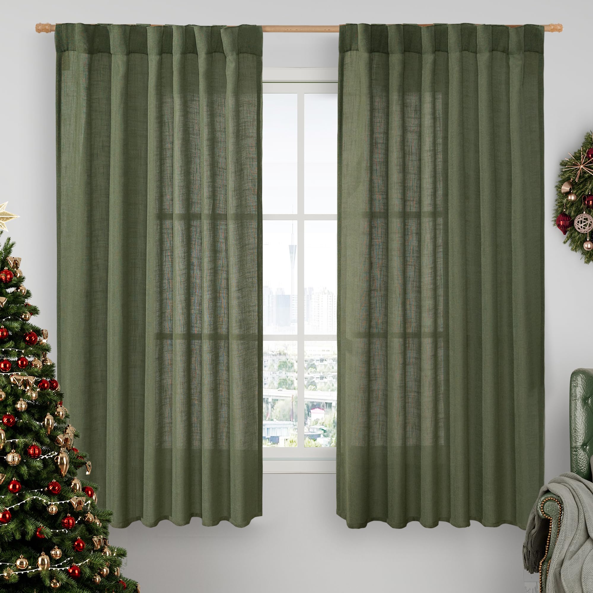LAMIT Olive Green Semi Sheer Linen Curtains 60 Inch, Light Filtering Panels — image 1