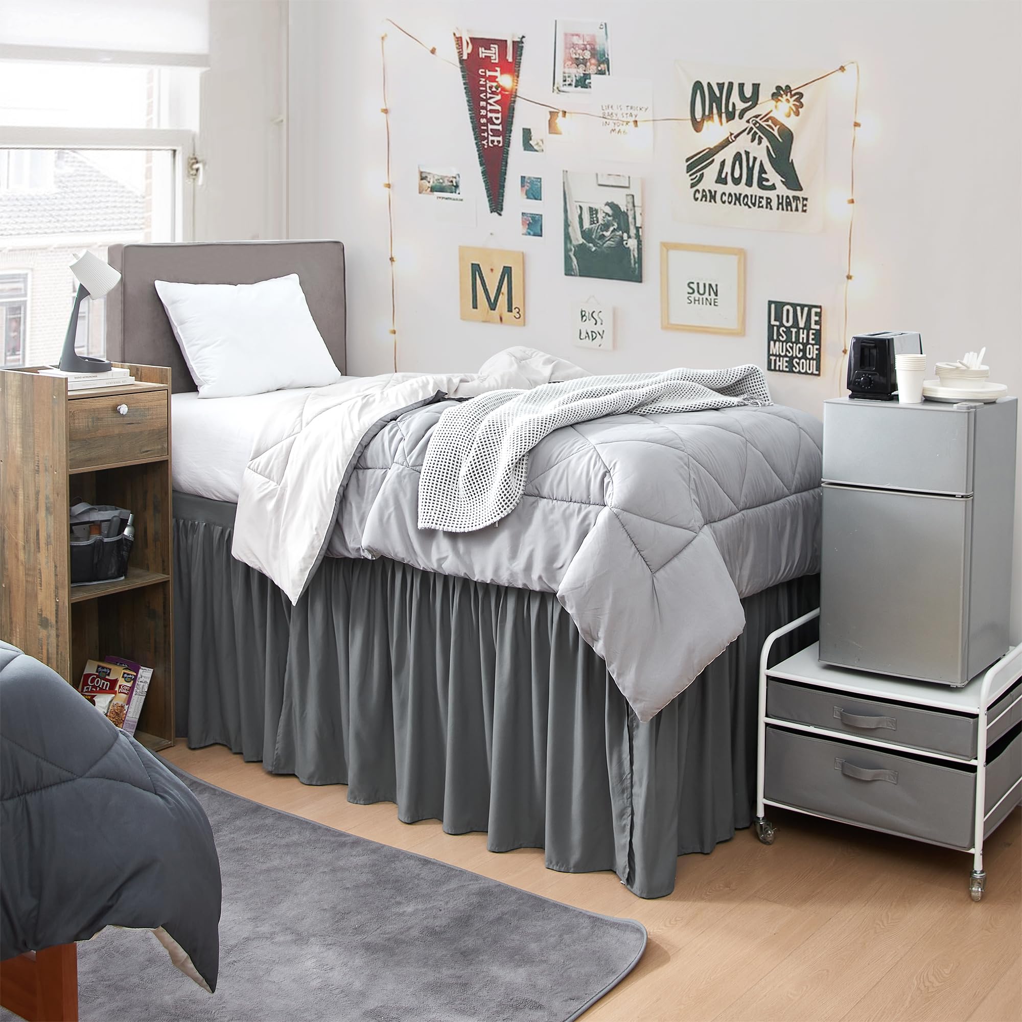 Dorm Sized Bed Skirt Panel with Ties (5 Panel Set) - Charcoal - 30" Drop Length