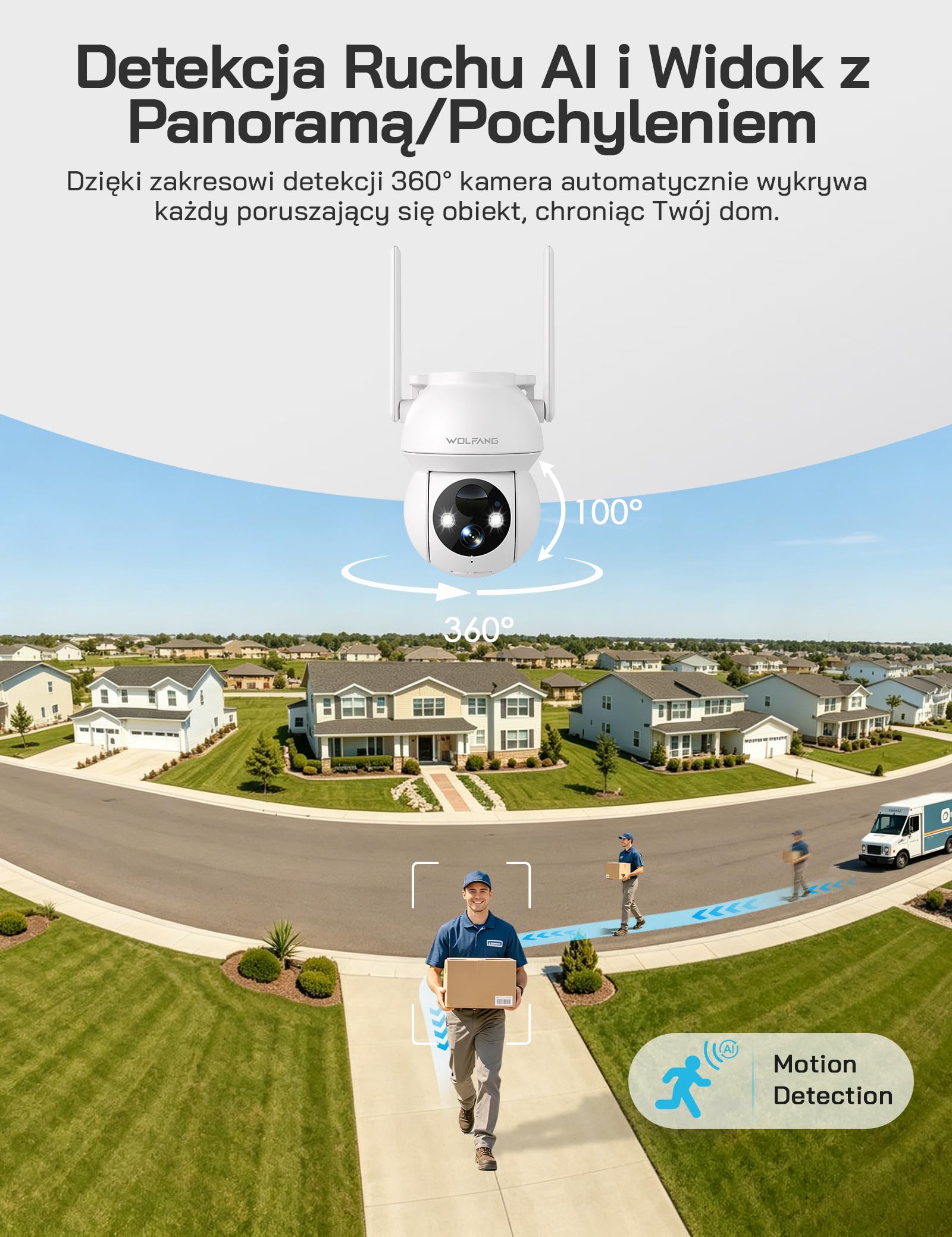WOLFANG Solarna kamera bezpieczeństwa 1080P na zewnątrz, kamera WiFi PTZ 360° (tylko 2,4 G), wykrywanie ruchu PIR, noktowizor, dwukierunkowy dźwięk, IP65, współpracuje z Alexa i Google Home, bez