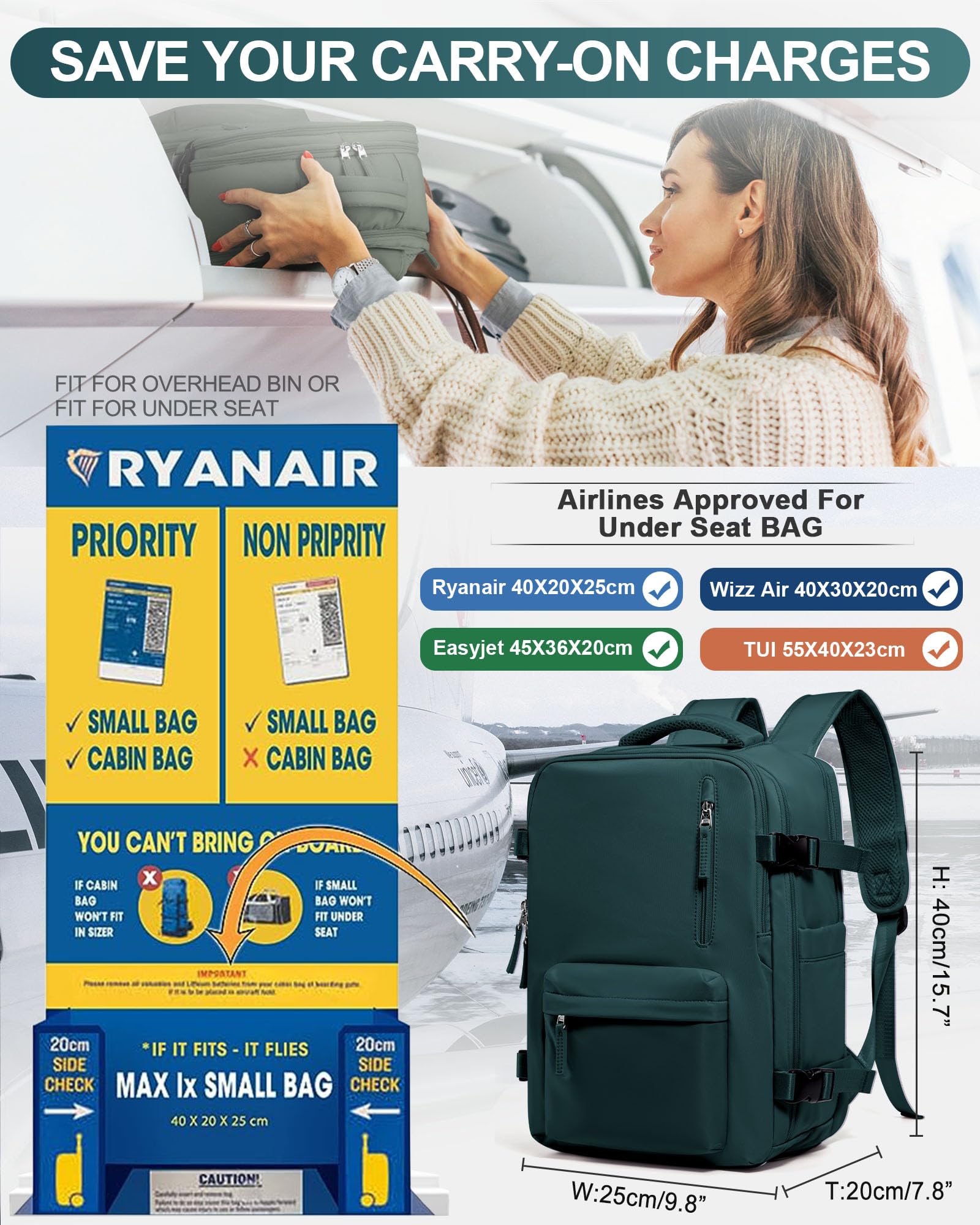 Zaino da Viaggio per Ryanair 40x20x25 Bagaglio a Mano Zaino Borse da Cabina per Ryanair Il Sedile Zaino Aereo Bagaglio a Mano Donna Borsa Cabina Viaggio Zaino Viaggio Casual Daypack,Blu elettrico