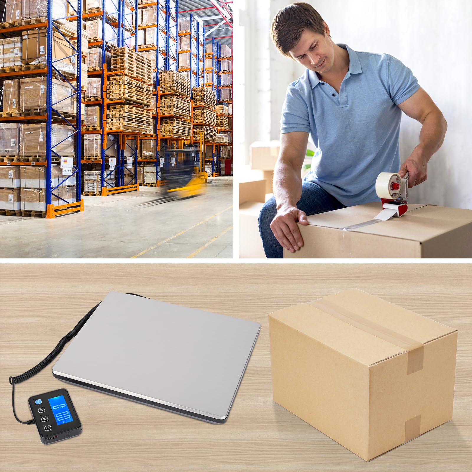 Báscula Digital, 50g-200kg Balanza Postal, Balanza de Envíos con Función de Retención y Tara para Paquetes Equipaje de Almacén, Plataforma de Acero Inoxidable, Pantalla LCD Externa