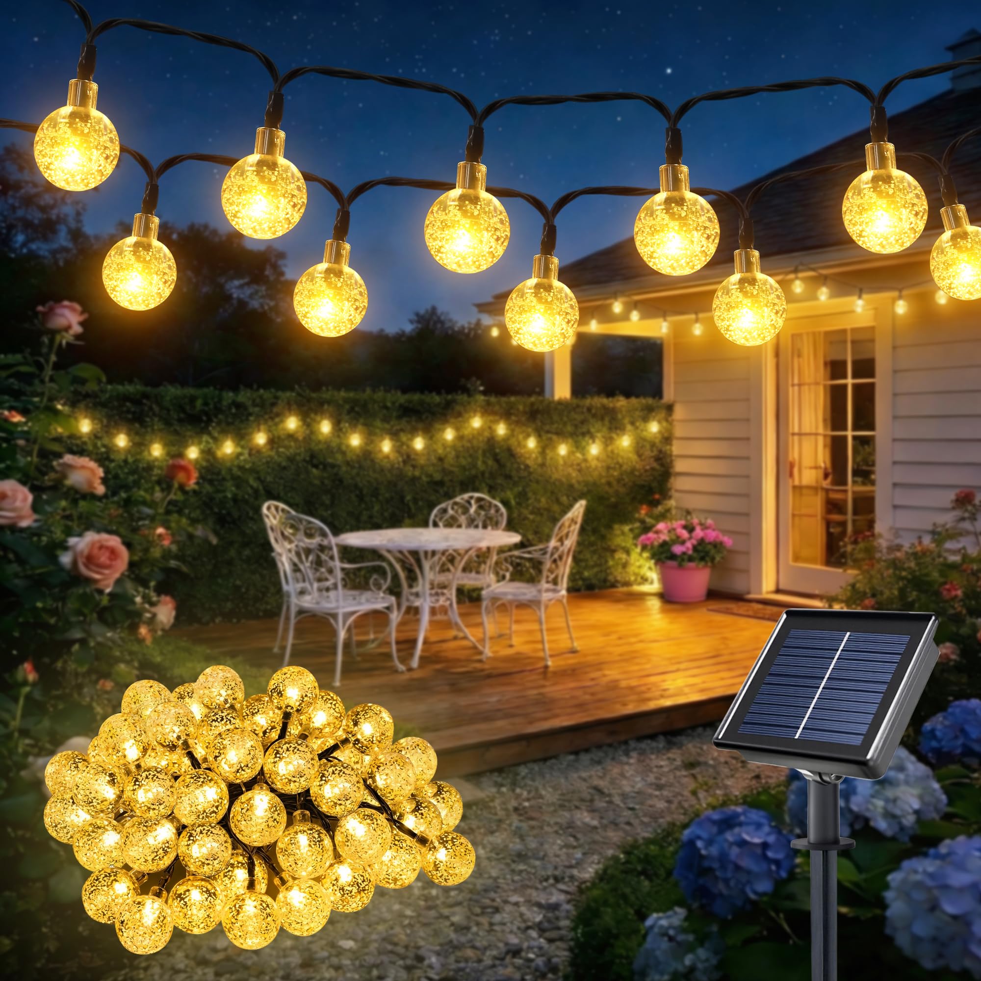 HeiPard Solar Garden Lights Outdoor, 11M/36ft 60 LED String Lights Waterproof, Solar Powered Crystal Ball Fairy Lights 8 Modes for Garden Patio Yard Home Wedding Party Festival Decoration (Warm White)