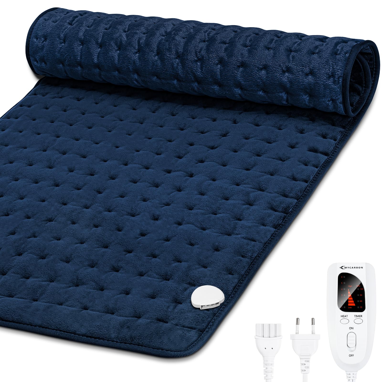 MYCARBON Manta Electrica 92x50cm 6 Temperaturas 4 Temporizadores Almohadilla Electrica para Aliviar el Dolor de Espalda Cuello Hombros Abdomen Piernas Brazos Tejidos Dobles Caras Lavable (Azul Oscuro)