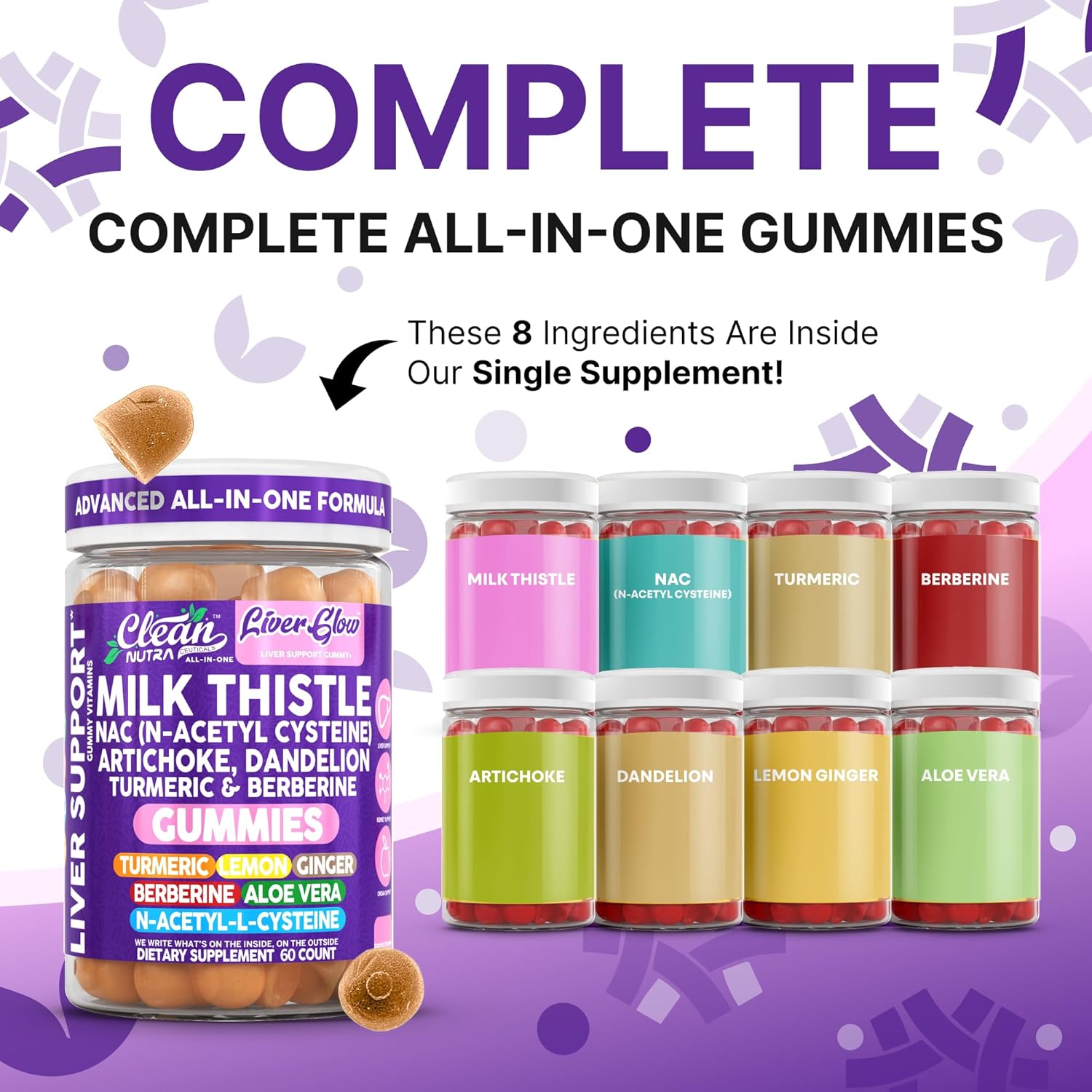 Clean Nutra Milk Thistle NAC Supplement N Acetyl Cysteine Artichoke Dandelion Root Turmeric Berberine Ginger Curcumin Gut Health Metabolism Detox & Cleanse 60 Gummies - Image 2