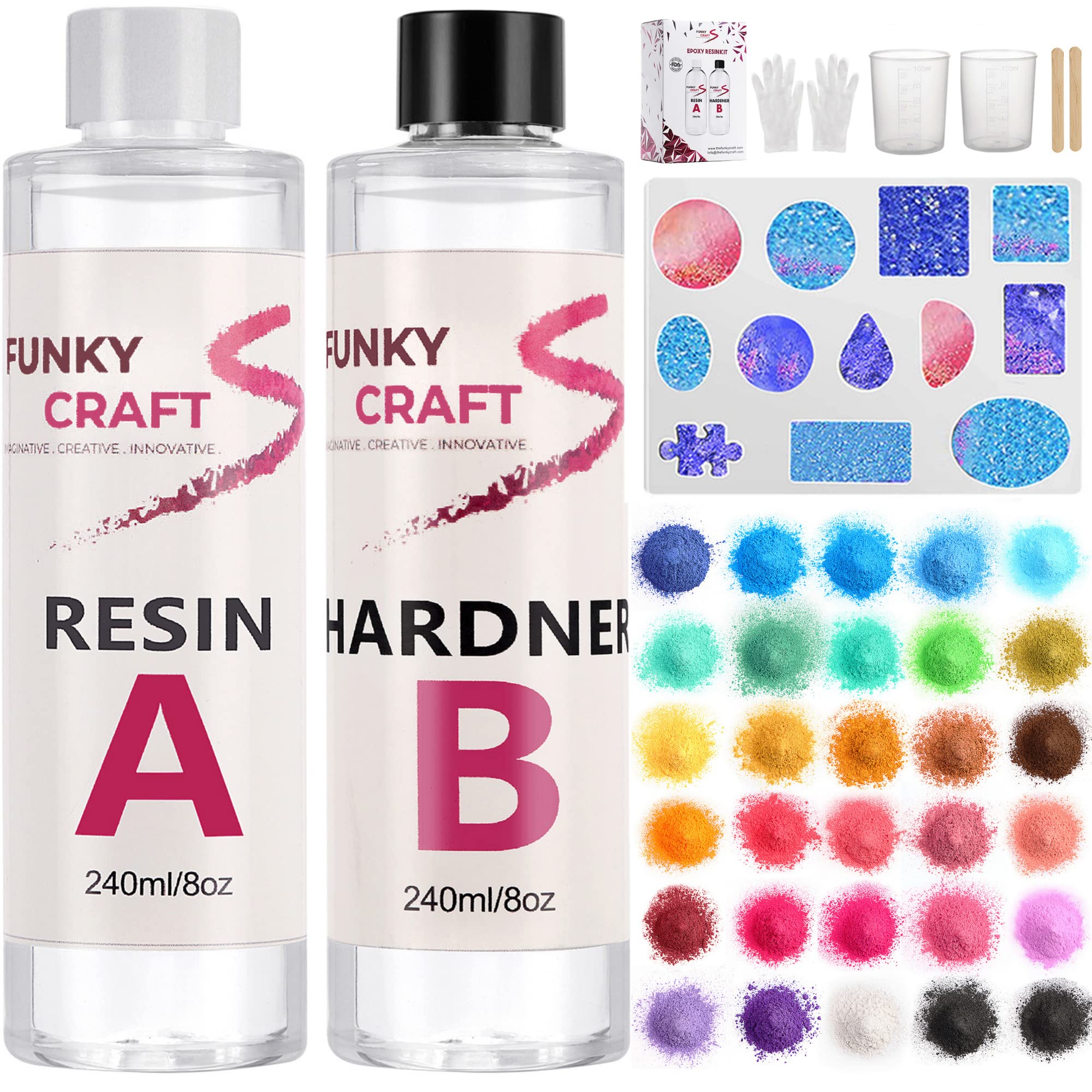 Funky Craft Epoxy Resin Kit with 30 Mica Powders, Mould, Measuring Cups, Casting Resin Starter Kit for Art, Crystal Clear Resin Kit (28 Mica Powder + 2 Phosphor Powder)