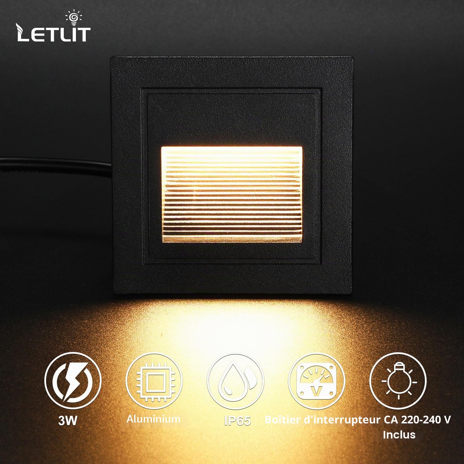 4-Pack Eclairage Escalier Exterieur 3W 300lm, Spot LED Encastrable 230V 3000K, 85x85mm, IP65 Applique Encastrée Intérieure pour Mural, Douilles Encastrées 68mm, Aluminium Noir