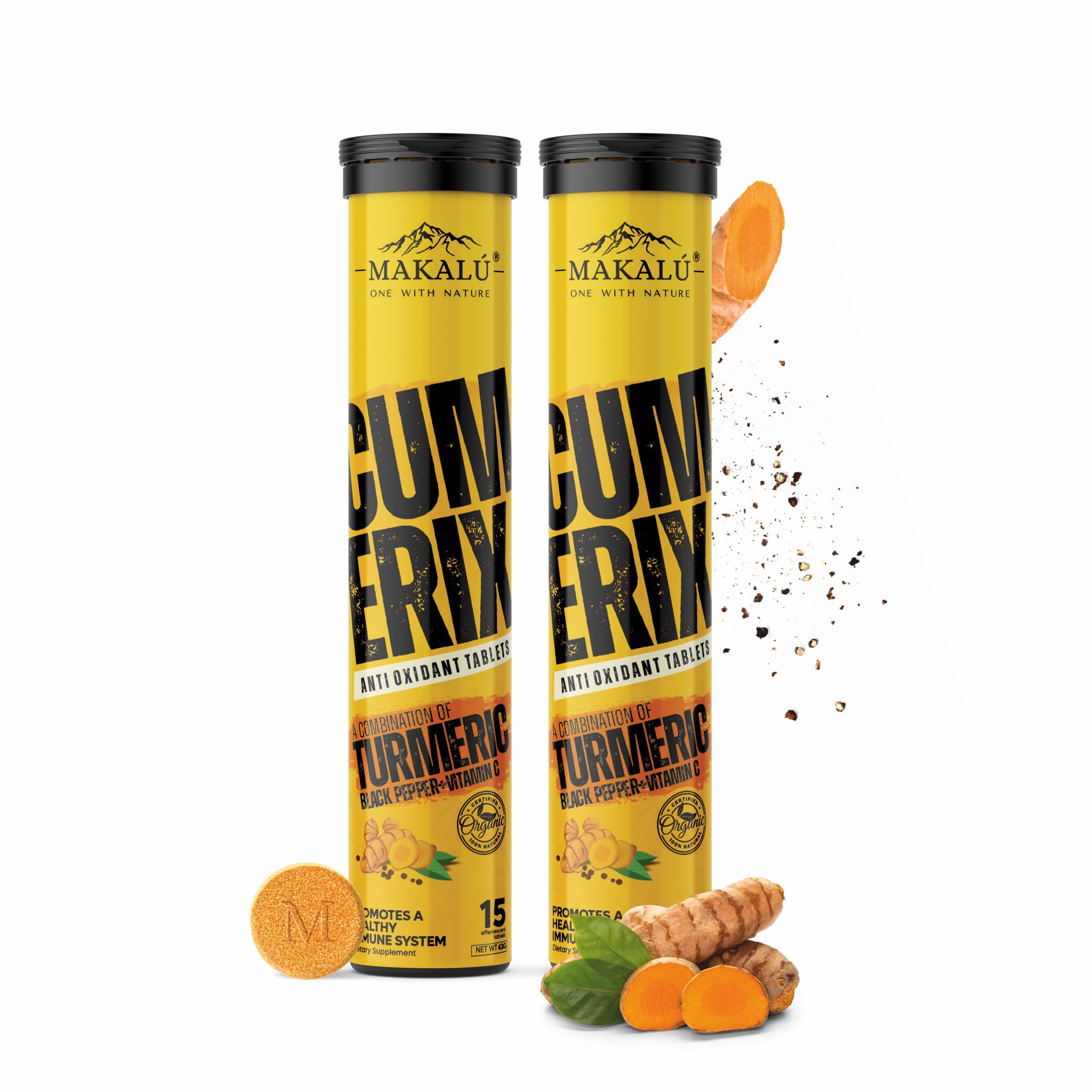 MAKALU ONE WITH NATURE Cumerix 100% Organic | Antioxidant Effervescent Tablet | Turmeric & Black Pepper dietary effervescent drink (Pack of 2)