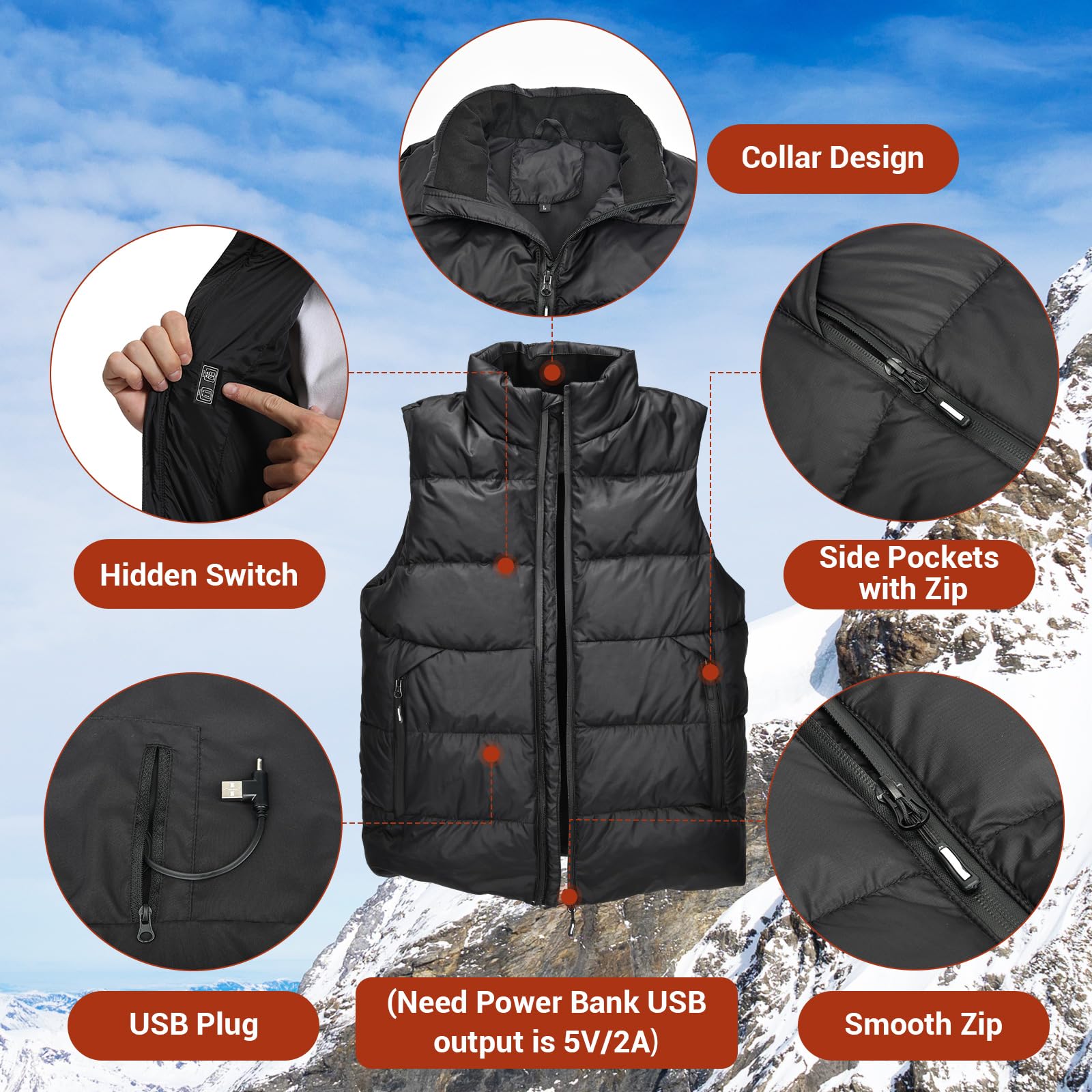 Chaleco Calefactable, Temperatura de 3 Niveles con 15 Zonas de Calefacción, Chaleco Calefactable de Plumón, Carga USB, Chaqueta Térmica Lavable para Uso Exterior (Batería Excluida)