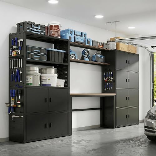 FLEXIMOUNTS 117 Inch Modular Garage Storage System with Workbench & Pegboard - 8-Door Steel Cabinets