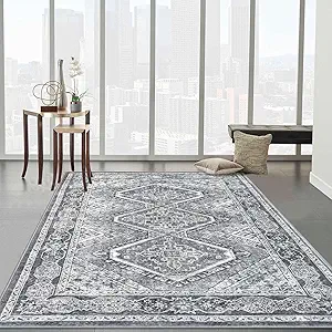KUTA Vintage Area Rug 4x6 Living Room, Washable Rugs Printed Oriental Distressed Tribal Grey, Non-Slip Dining Room Carpet, Extra Soft Low Pile Cozy Throw for Bedroom Kitchen Nursery