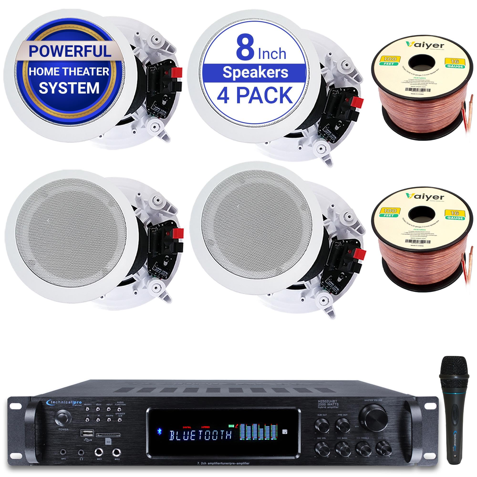 Home Stereo System Kit – 7.2 Channel 2500 W Bluetooth Amplifier w/ 4 Qty of 8” Framed Ceiling Speakers 300 W Each, Mic, 200 ft Speaker Wire & Remote Ideal for Home, Office, Restaurant by Vaiyer