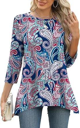 LOMON 3/4 Sleeve Tunic Tops for Women Loose Fit Dressy Casual Blouse Flowy Shirts to Wear with Leggings S-3XL