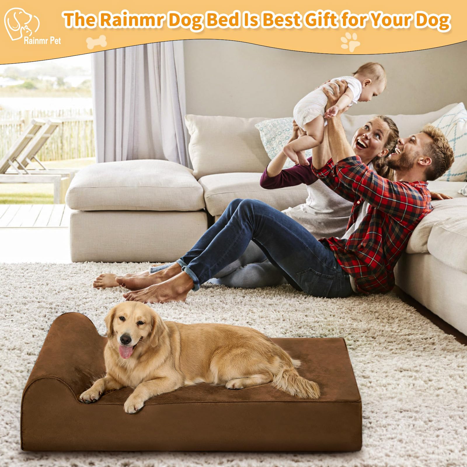 Rainmr Orthopedic Dog Beds for Large Dogs, 7" Memory Foam Dog Beds with Waterproof Liner, Durable Microsuede Cover, Removable and Washable, Nonskid Bottom, 48"x30"x7" L Chocolate - image 6