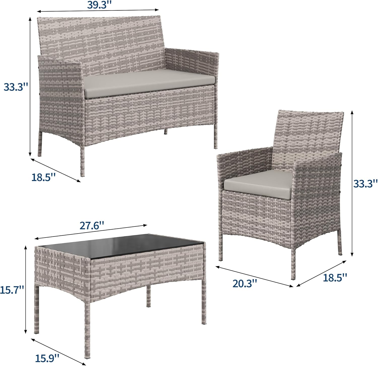 GAOMON 4-Piece Patio Furniture Set, Modern PE Rattan Conversation Set with 2 Chairs, Loveseat & Tempered Glass Coffee Table, All-Weather Outdoor Seating for Garden, Porch, Balcony, Poolside