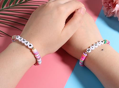 Miniatura 4 de QqzsJewls Regalos para el primer día de clases para madre e hija de regreso a clases, juego de 2 pulseras de corazón a juego para mamá e hija