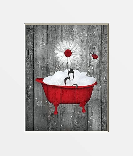 Bathroom Wall Decor, Red Rustic Daisy Flower Vintage Tub Modern Farmhouse Matted Wall Art Picture (8x10 photo with 11x14 mat, Red)