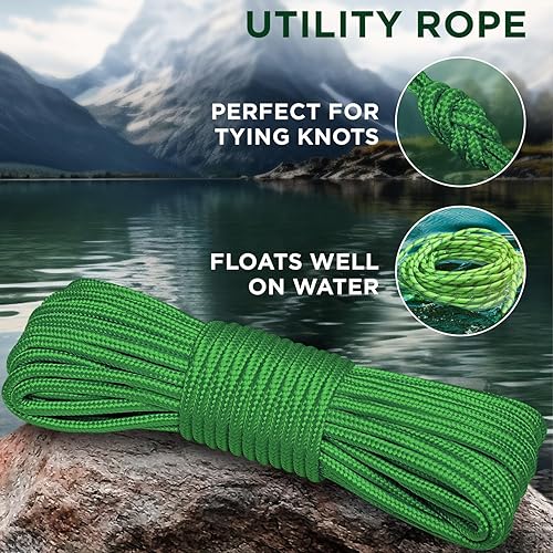 Vista 12 de TECEUM Cuerda – 90 pies x 1/4 pulgadas (0.276 in) – Verde militar – Cuerda fuerte multiusos – Camping, manualidades, asta de bandera