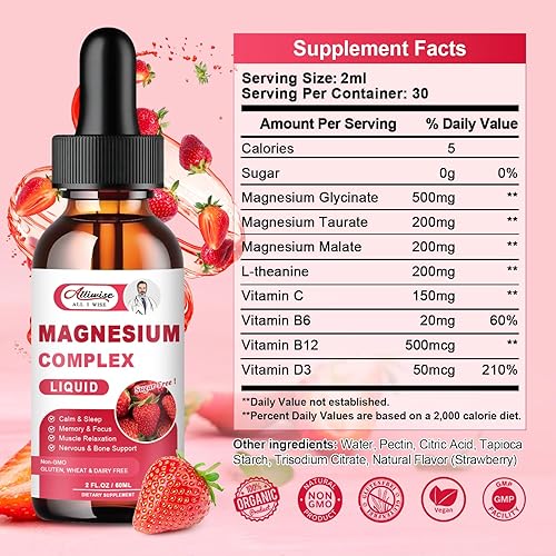 Miniatura 6 de 2 Pack Triple Magnesium Complex Liquid Drops Blend with Magnesium Glycinate 500mg, Malate and Taurate for Max Bio-Availability  High Absorption
