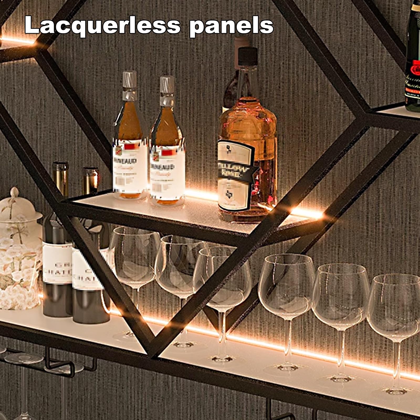 Wine Rack Wall Lujoso Botellero de Hierro Lacado en Forma de Diamante, Botellero de Pared para Vino con Luz LED y Portavasos para Cocina, Salón, Barr, Cafetería | Iron Lacquer Wine Rack, Industrial Bari Shelves for Home Barr, Kitchen, Dining Room(Gold,100