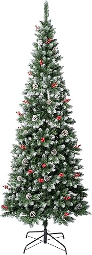 National Tree Company First Frosted Traditions - Árbol de Navidad delgado con ramas con bisagras, piñas y bayas rojas, 7.5 pies