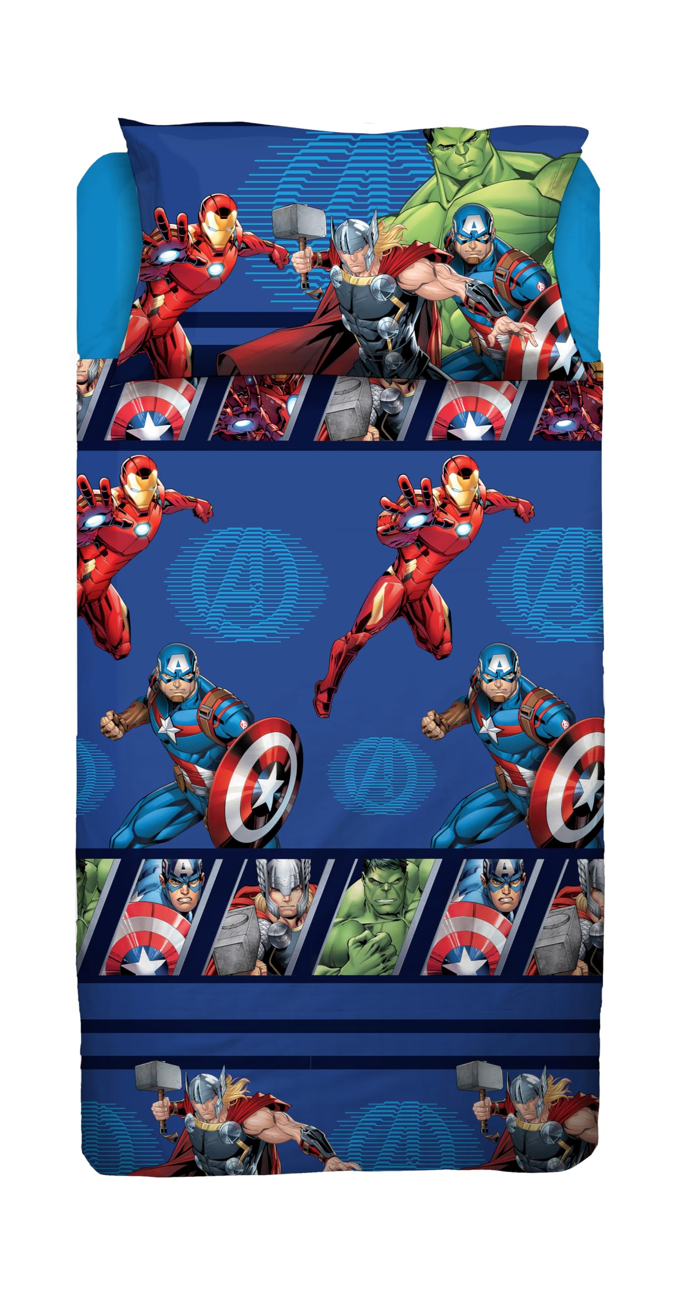 Avengers komplet pościeli Disneya Queen size, prześcieradło wierzchnie, prześcieradło wierzchnie, prześcieradło z gumką, poszewka na poduszkę, niebieski, Marvel, Disney, 100% bawełna, oficjalny
