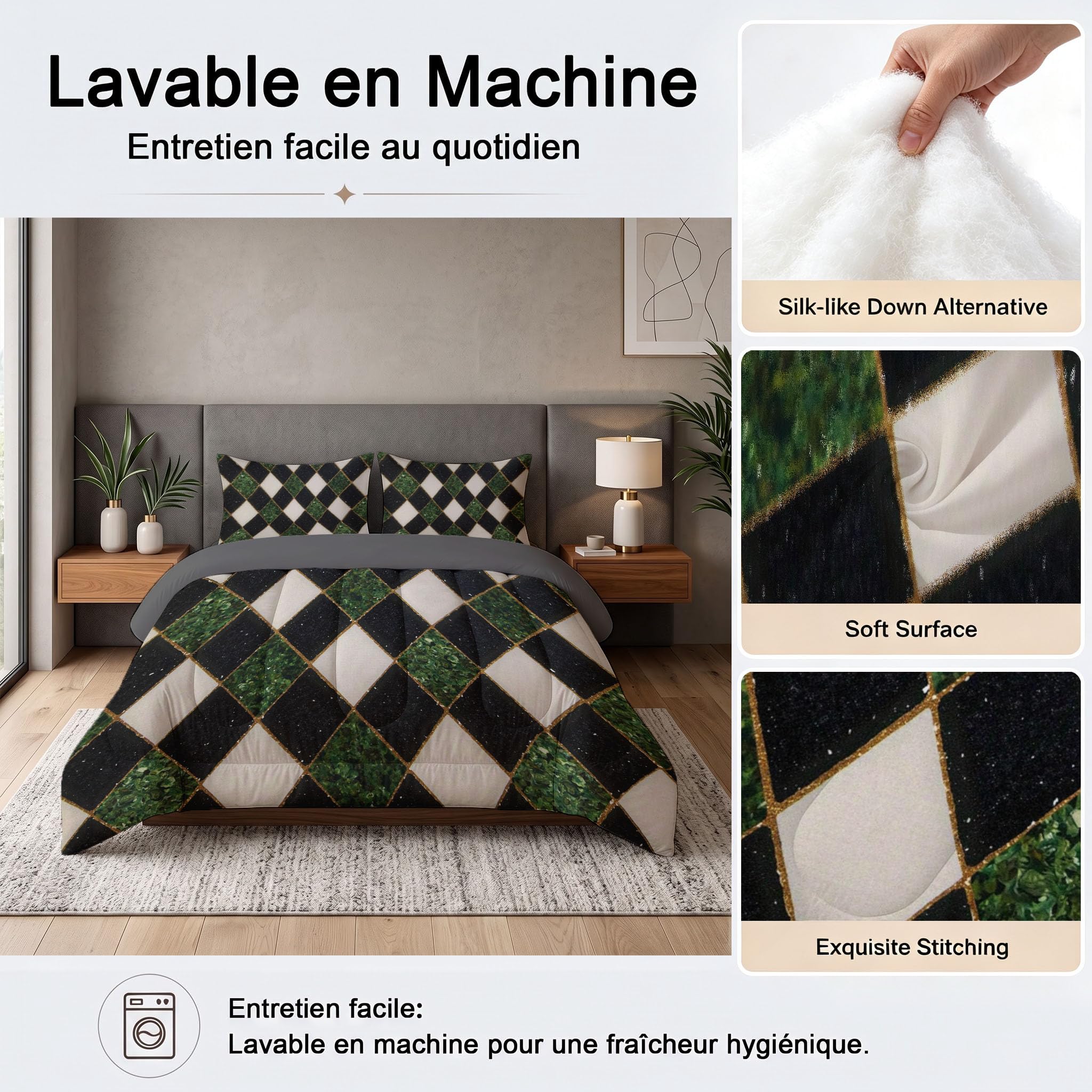 Couette Motif en Losange 2pc Fille Tempérée pour lit 1 Personne-100% Microfibre -Enfant 4 Saisons et 220x240cm + 1 Taie d'oreiller 65x65 cm -Luxe rétro géométrique Lumineux