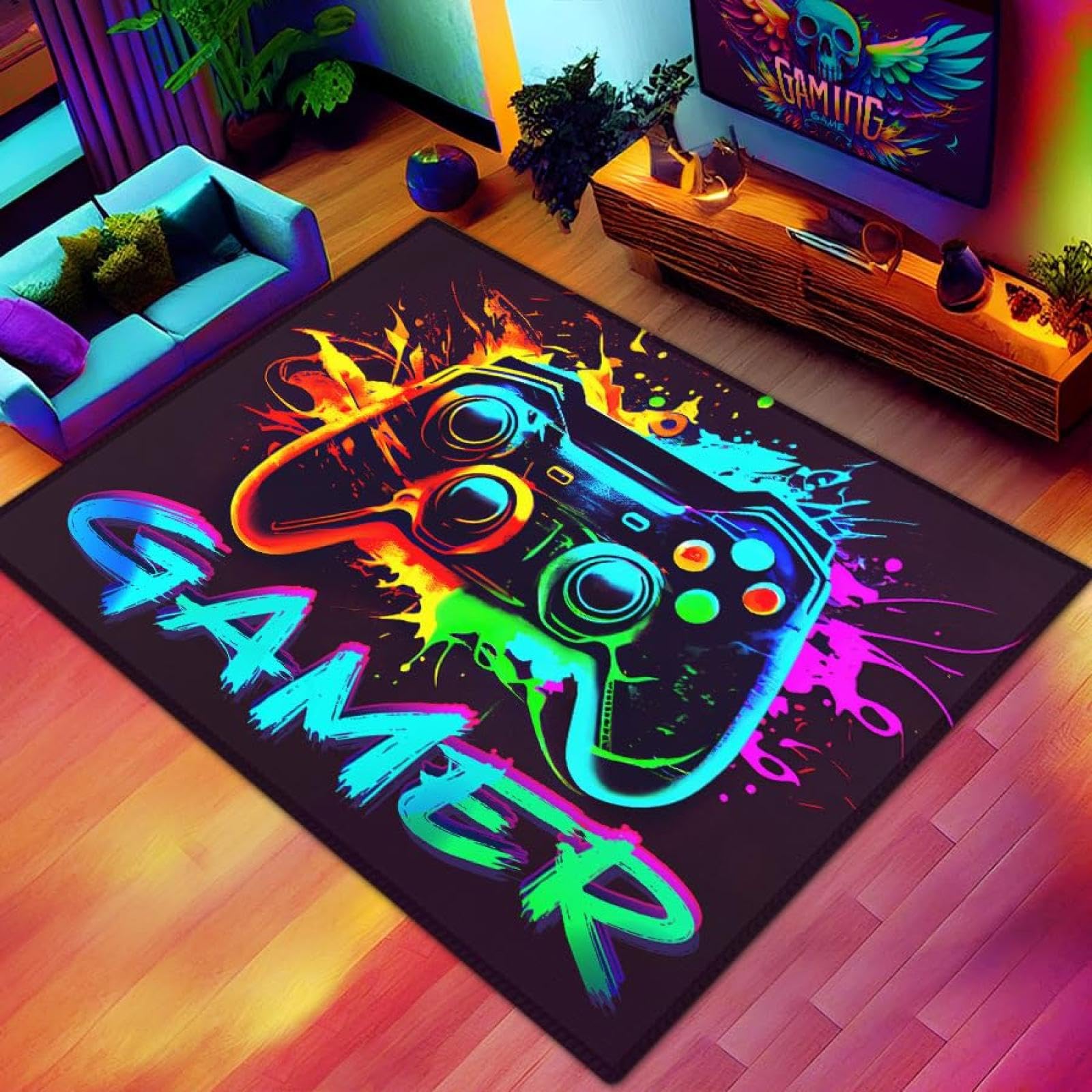 Game Controller Bereich Teppich 230x250cm Kinderteppich 3D Cool Graffiti Gaming Gamer Muster Design für Spielzimmer, Esport-Zimmer und Jungen-Spiel-Themen-Schlafzimmer, rutschfeste Fußmatte