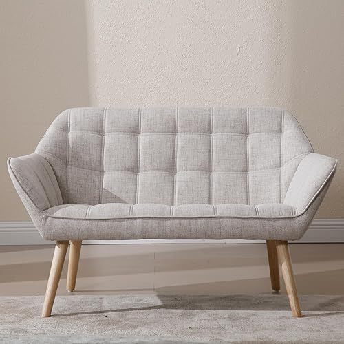 Miniatura 6 de Sofá biplaza pequeño de 48 pulgadas para espacios pequeños, sofá biplaza tapizado de lino, mini sofá moderno de mediados de siglo con reposabrazos y