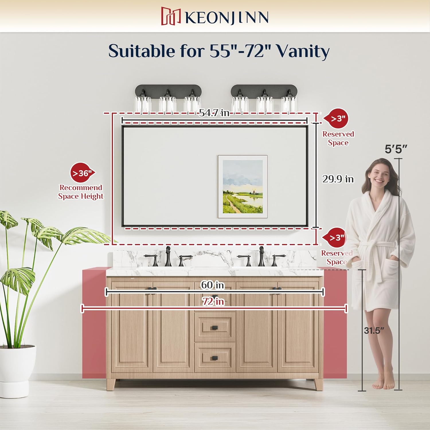 Keonjinn 55 x 30 Inch Brushed Nickel Bathroom Mirrors for Over Sink, Beveled Rectangle Framed Mirrors for Wall, Farmhouse Bathroom Vanity Mirror, Tempered Glass, Square Corner