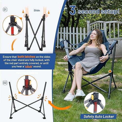 Miniatura 6 de TIMBER RIDGE Silla de camping tipo hamaca, silla hamaca oscilante de gran tamaño con respaldo y asiento ajustables para césped al aire libre,