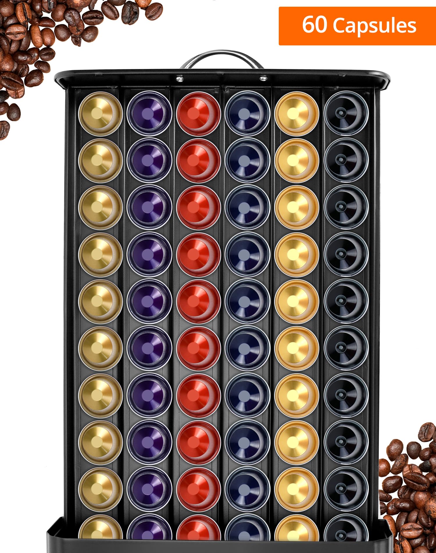 QWORK® Uchwyt na kapsułki do kawy, kompatybilny z 60 kapsułkami Nespresso, metalowa konstrukcja, dozownik kapsułek